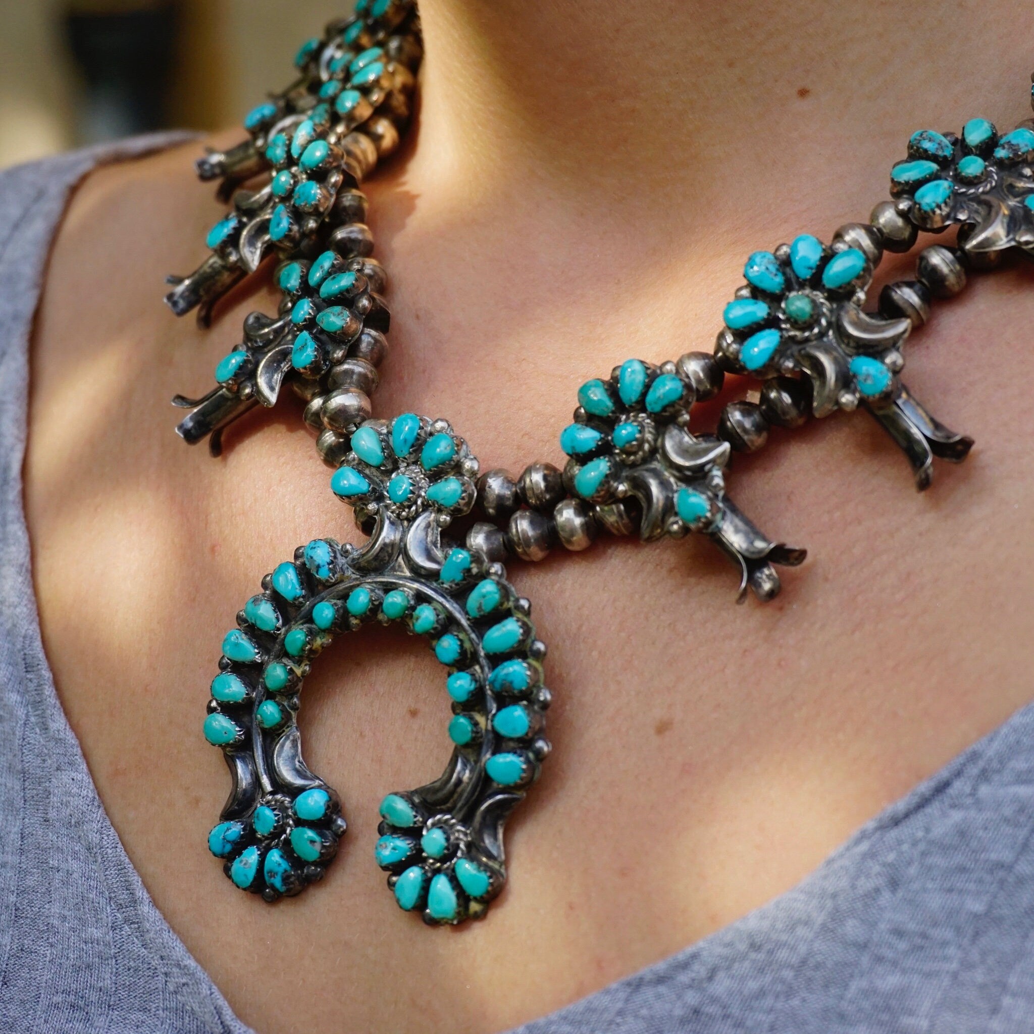 Vintage Native American Zuni Squash Blossom Necklace, Sterling Silver and Natural Turquoise Stone Necklace, Old Pawn Turquoise Jewelry