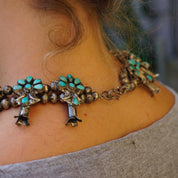 Vintage Native American Zuni Squash Blossom Necklace, Sterling Silver and Natural Turquoise Stone Necklace, Old Pawn Turquoise Jewelry