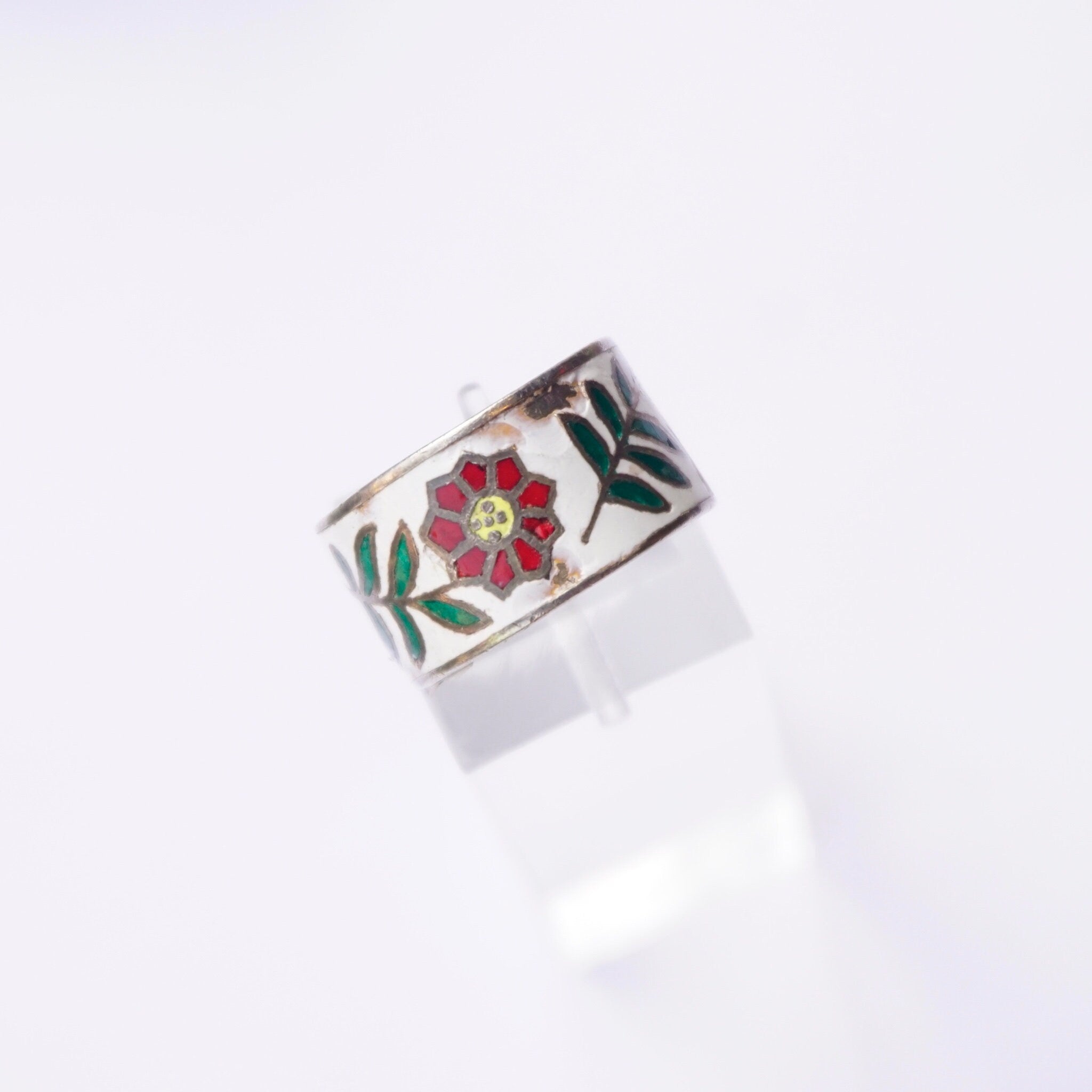Vintage Sterling White Enamel Ring With Floral Details, Unique Enamel Ring with Colorful Flowers, Antique Enamel Ring, Size 8.25 US Ring