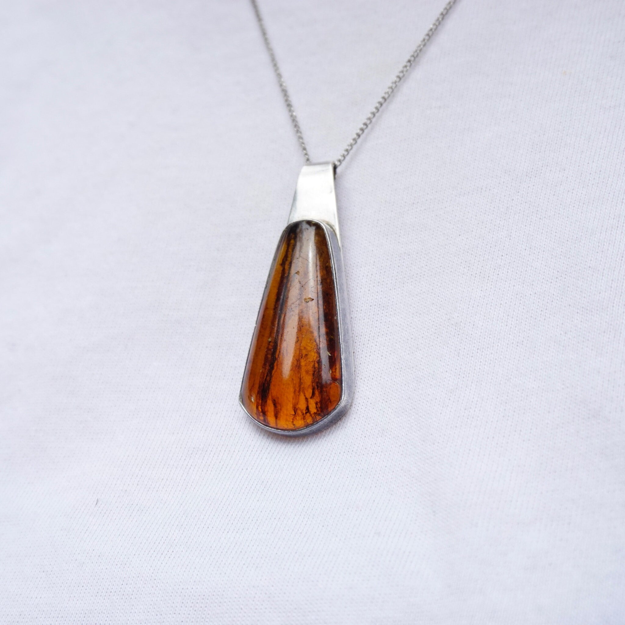 Vintage Natural Amber Sterling Silver Pendant, Beautiful Silver Pendant With Large Amber Stone, Unique Amber Pendant Set In Silver