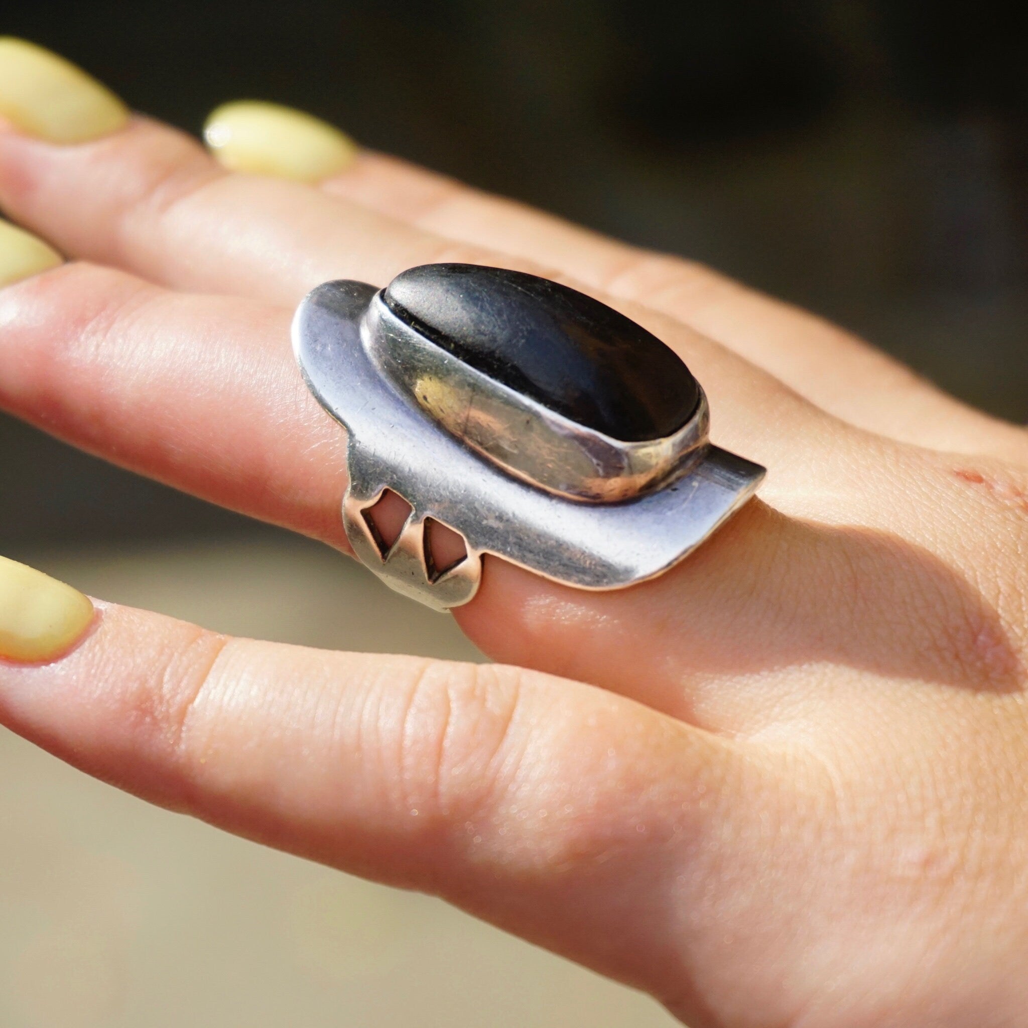 Jet Stone, Elongated Silver Ring With Large Black Stone