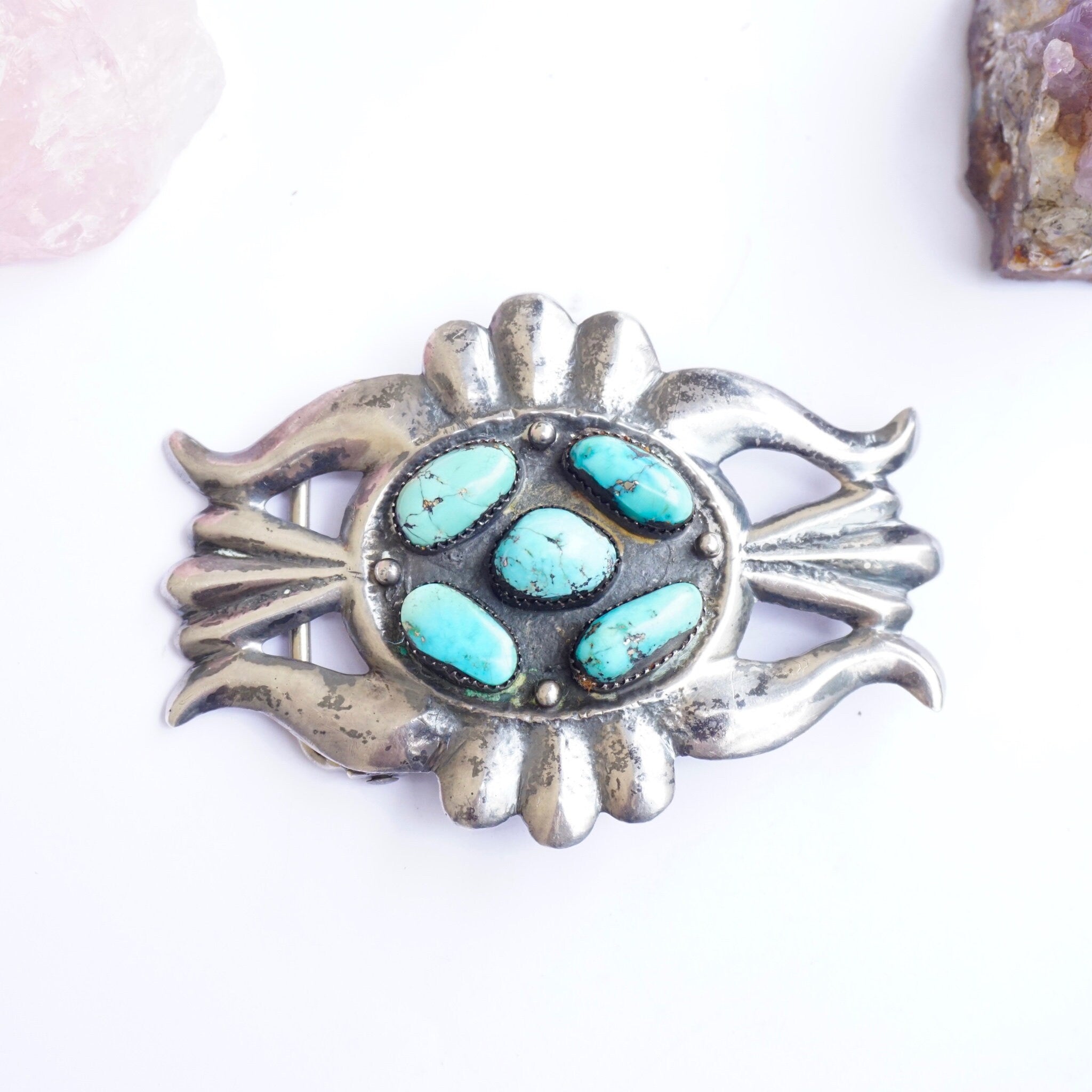 Vintage Navajo Sterling Silver Turquoise Belt Buckle, Native American Multi-Stone Belt Buckle, Old Pawn Silver Belt Buckle With Turquoise