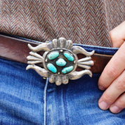 Vintage Navajo Sterling Silver Turquoise Belt Buckle, Native American Multi-Stone Belt Buckle, Old Pawn Silver Belt Buckle With Turquoise