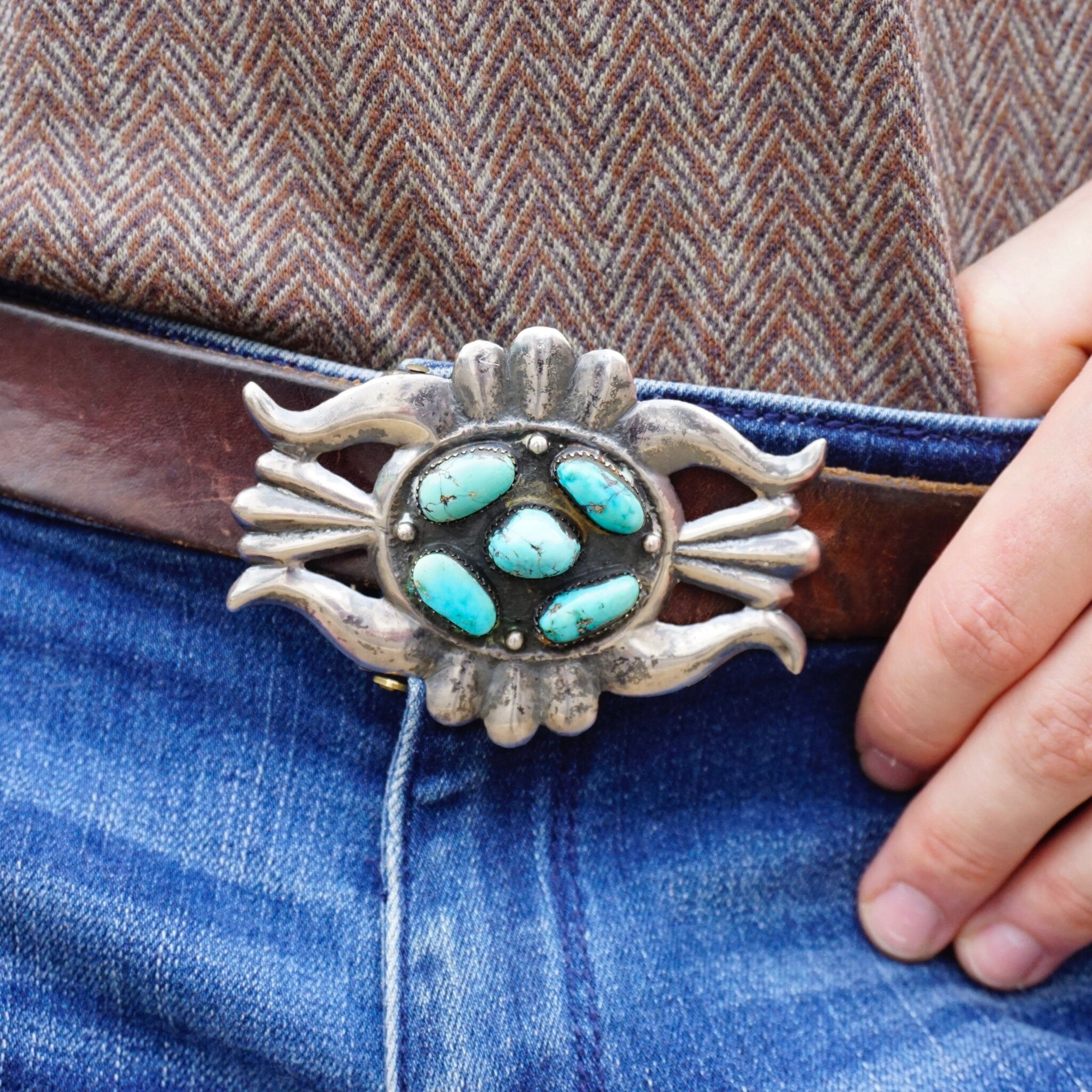 Vintage Navajo Sterling Silver Turquoise Belt Buckle, Native American Multi-Stone Belt Buckle, Old Pawn Silver Belt Buckle With Turquoise