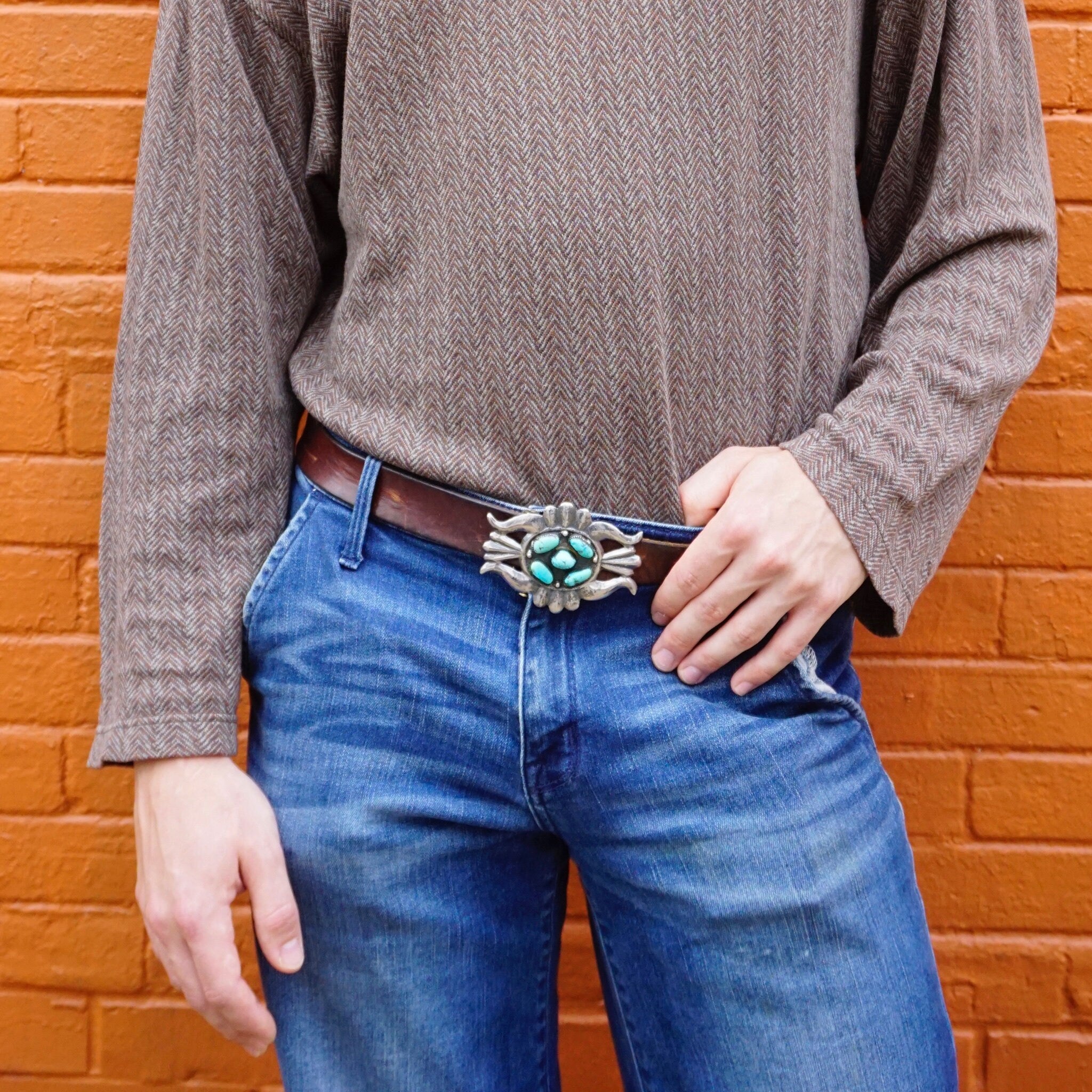 Vintage Navajo Sterling Silver Turquoise Belt Buckle, Native American Multi-Stone Belt Buckle, Old Pawn Silver Belt Buckle With Turquoise