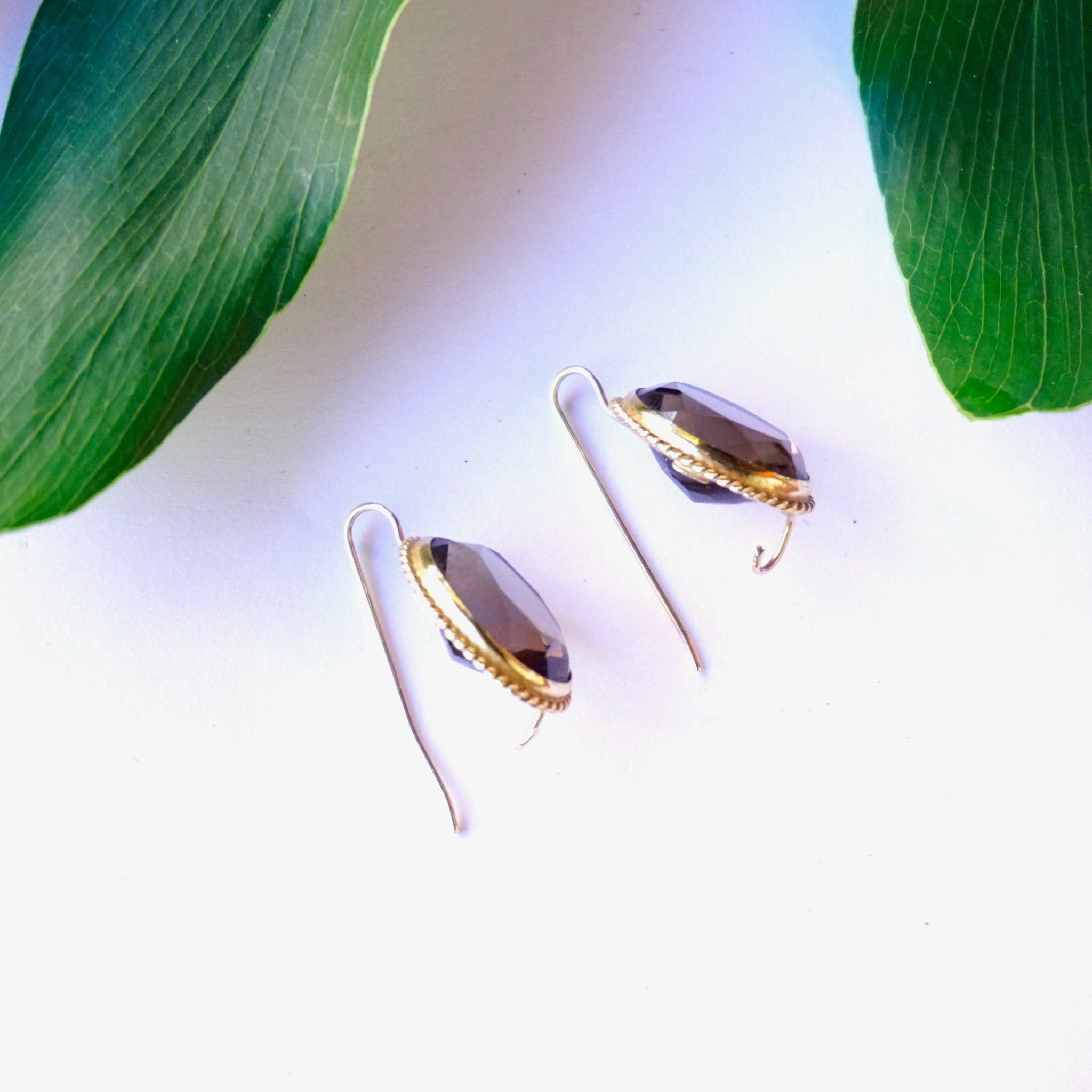 Vintage 14K Gold Smoky Quartz Drop Earrings, Antique Gold Earrings With Brown Gemstones, Delicate Smoky Quartz Earrings, 14K Gold Earrings