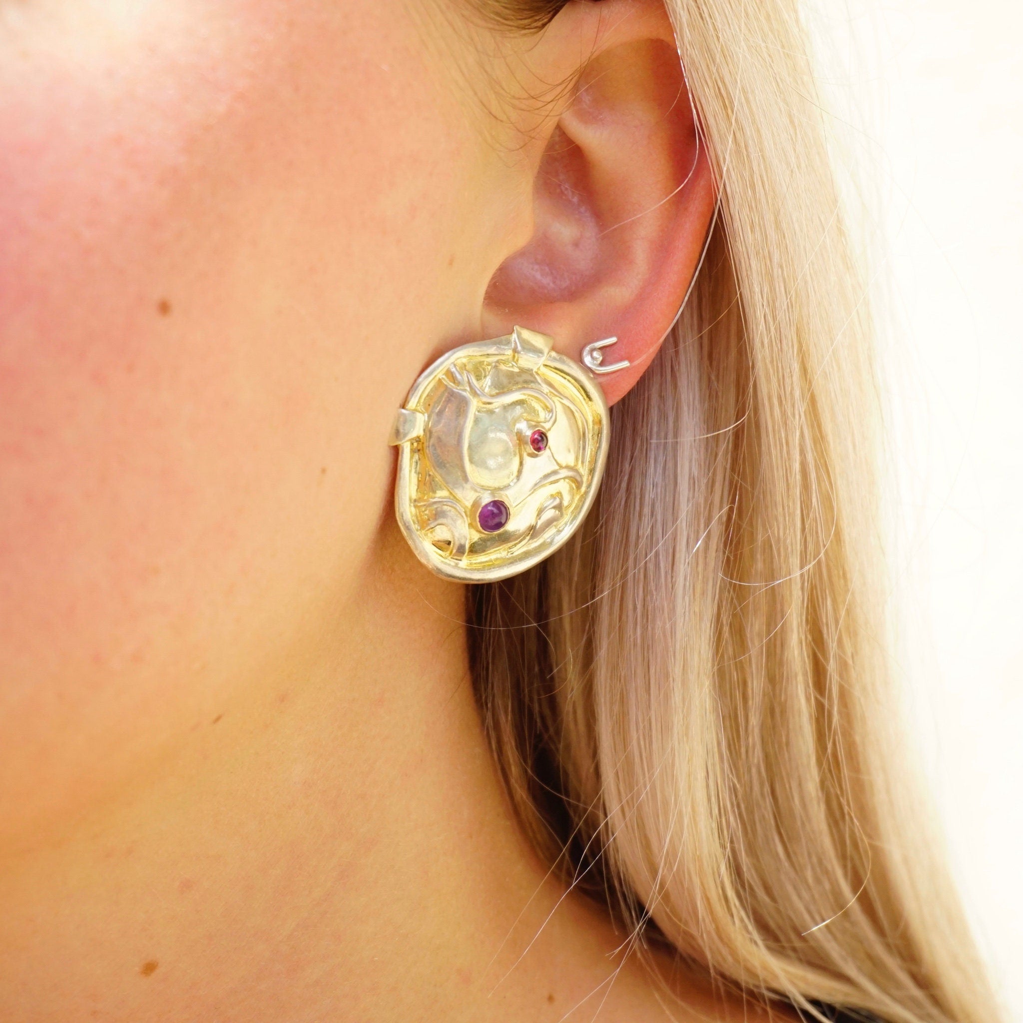 Vintage William and Shellie Sterling Silver Amethyst Earrings, Abstract Designer Earrings With Small Amethyst Gemstones, Modernist Earrings