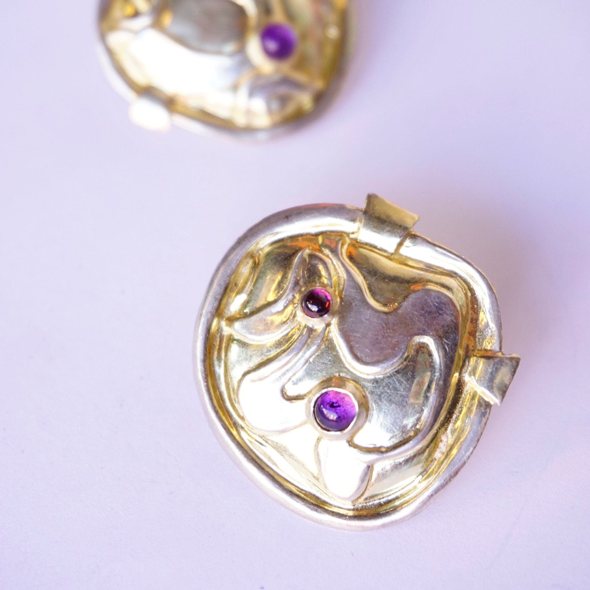 Vintage William and Shellie Sterling Silver Amethyst Earrings, Abstract Designer Earrings With Small Amethyst Gemstones, Modernist Earrings