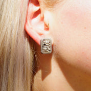 Vintage Mary Demarco Square Silver Toned Stud Earrings, Unique Rose Earrings, Metal Carved Flower Stud Earrings, Mary Demarco Jewelry