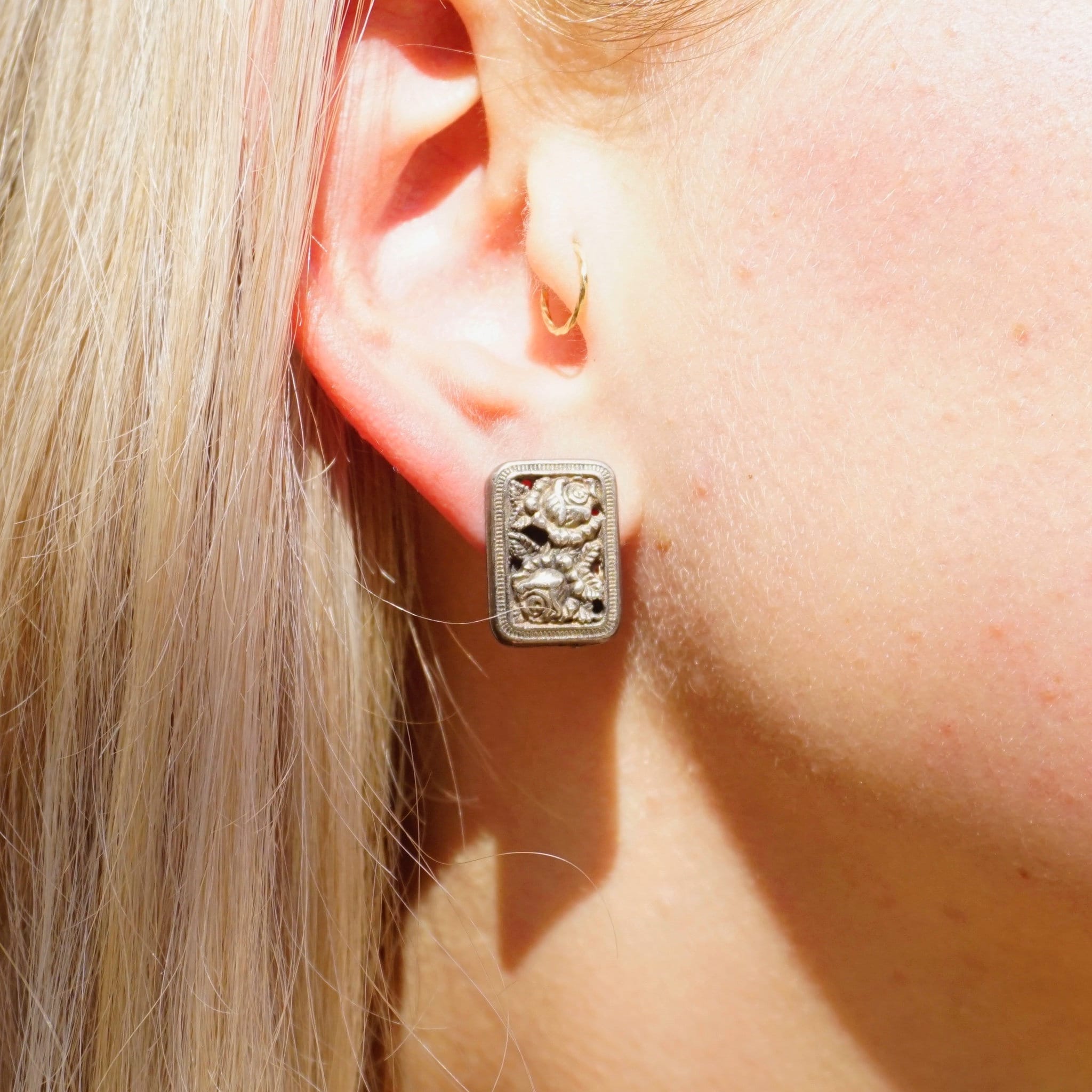 Vintage Mary Demarco Square Silver Toned Stud Earrings, Unique Rose Earrings, Metal Carved Flower Stud Earrings, Mary Demarco Jewelry