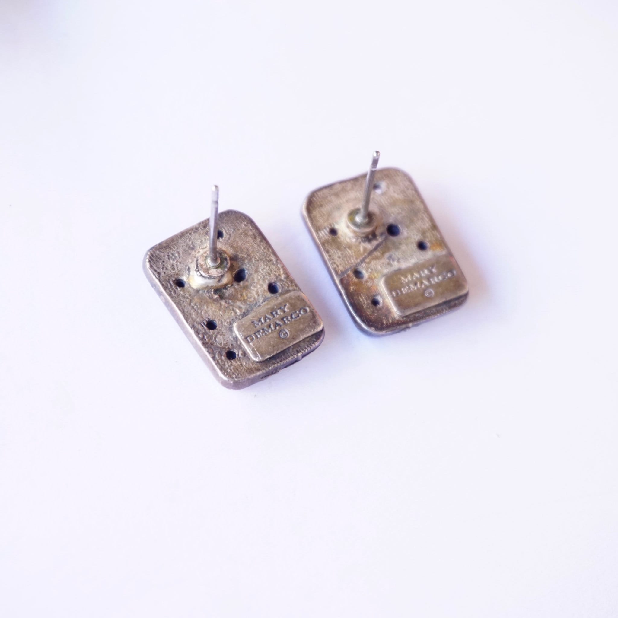 Vintage Mary Demarco Square Silver Toned Stud Earrings, Unique Rose Earrings, Metal Carved Flower Stud Earrings, Mary Demarco Jewelry