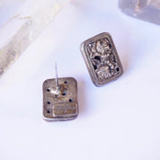 Vintage Mary Demarco Square Silver Toned Stud Earrings, Unique Rose Earrings, Metal Carved Flower Stud Earrings, Mary Demarco Jewelry