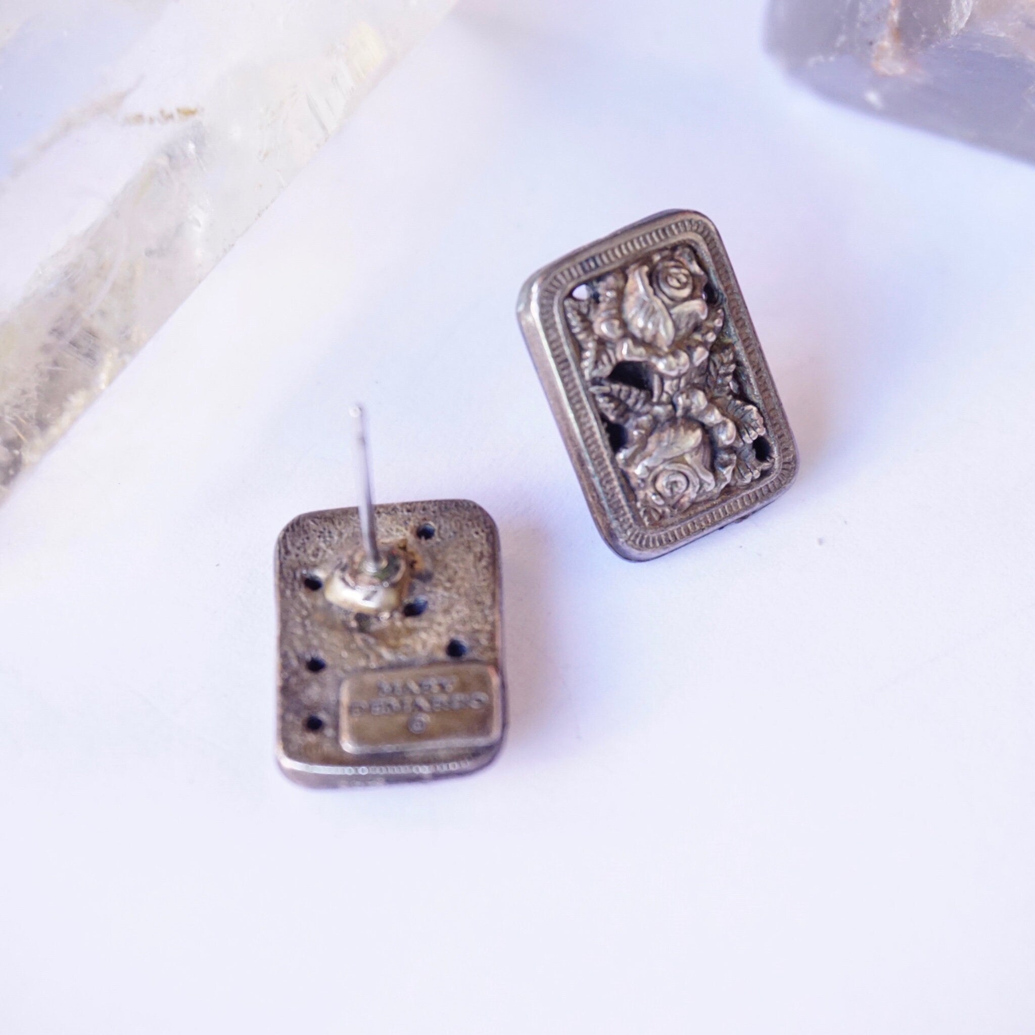 Vintage Mary Demarco Square Silver Toned Stud Earrings, Unique Rose Earrings, Metal Carved Flower Stud Earrings, Mary Demarco Jewelry