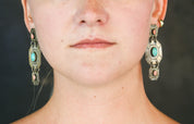 Vintage Silver Toned Tribal Stud Earrings With Turquoise, Unique Dangle Earrings With Pink and Blue Stones, Metal and Turquoise Earrings