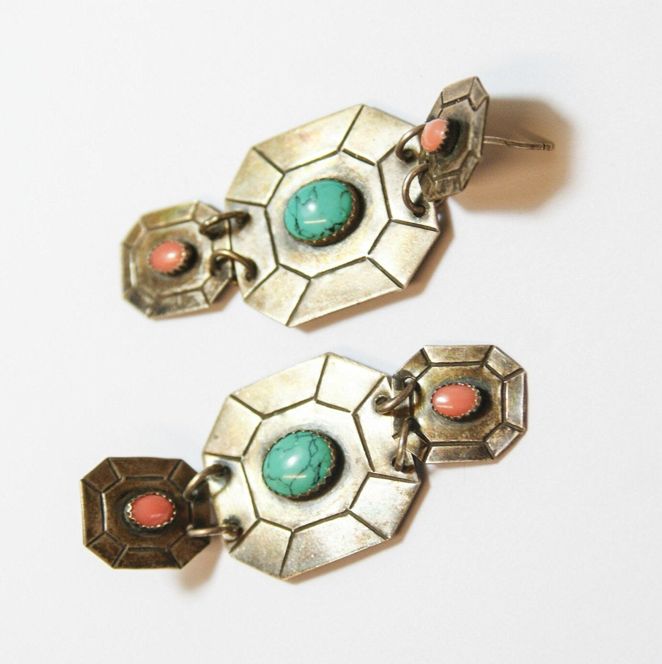 Vintage Silver Toned Tribal Stud Earrings With Turquoise, Unique Dangle Earrings With Pink and Blue Stones, Metal and Turquoise Earrings