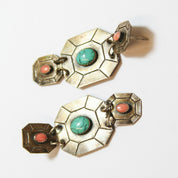 Vintage Silver Toned Tribal Stud Earrings With Turquoise, Unique Dangle Earrings With Pink and Blue Stones, Metal and Turquoise Earrings