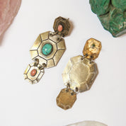 Vintage Silver Toned Tribal Stud Earrings With Turquoise, Unique Dangle Earrings With Pink and Blue Stones, Metal and Turquoise Earrings
