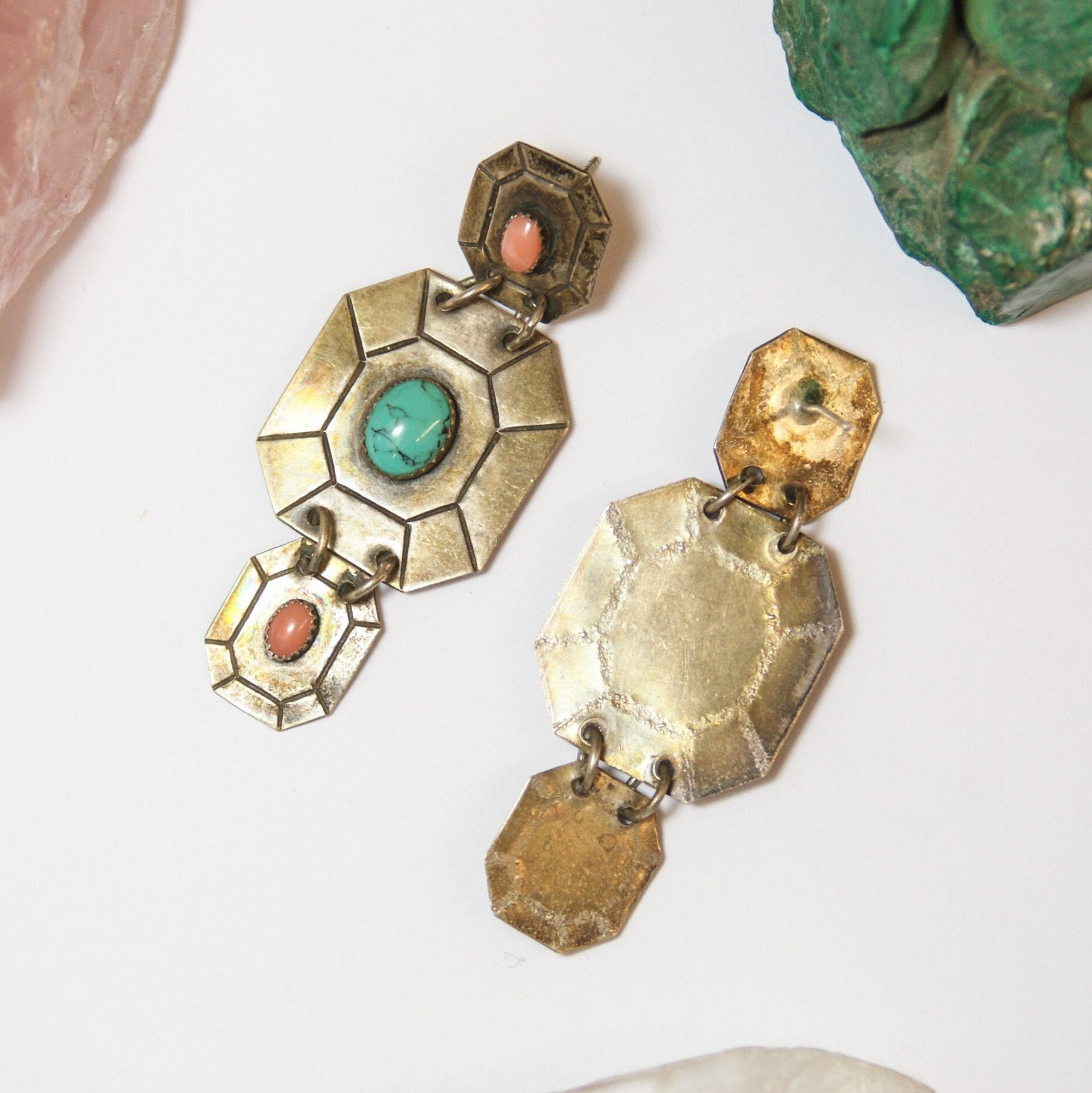 Vintage Silver Toned Tribal Stud Earrings With Turquoise, Unique Dangle Earrings With Pink and Blue Stones, Metal and Turquoise Earrings