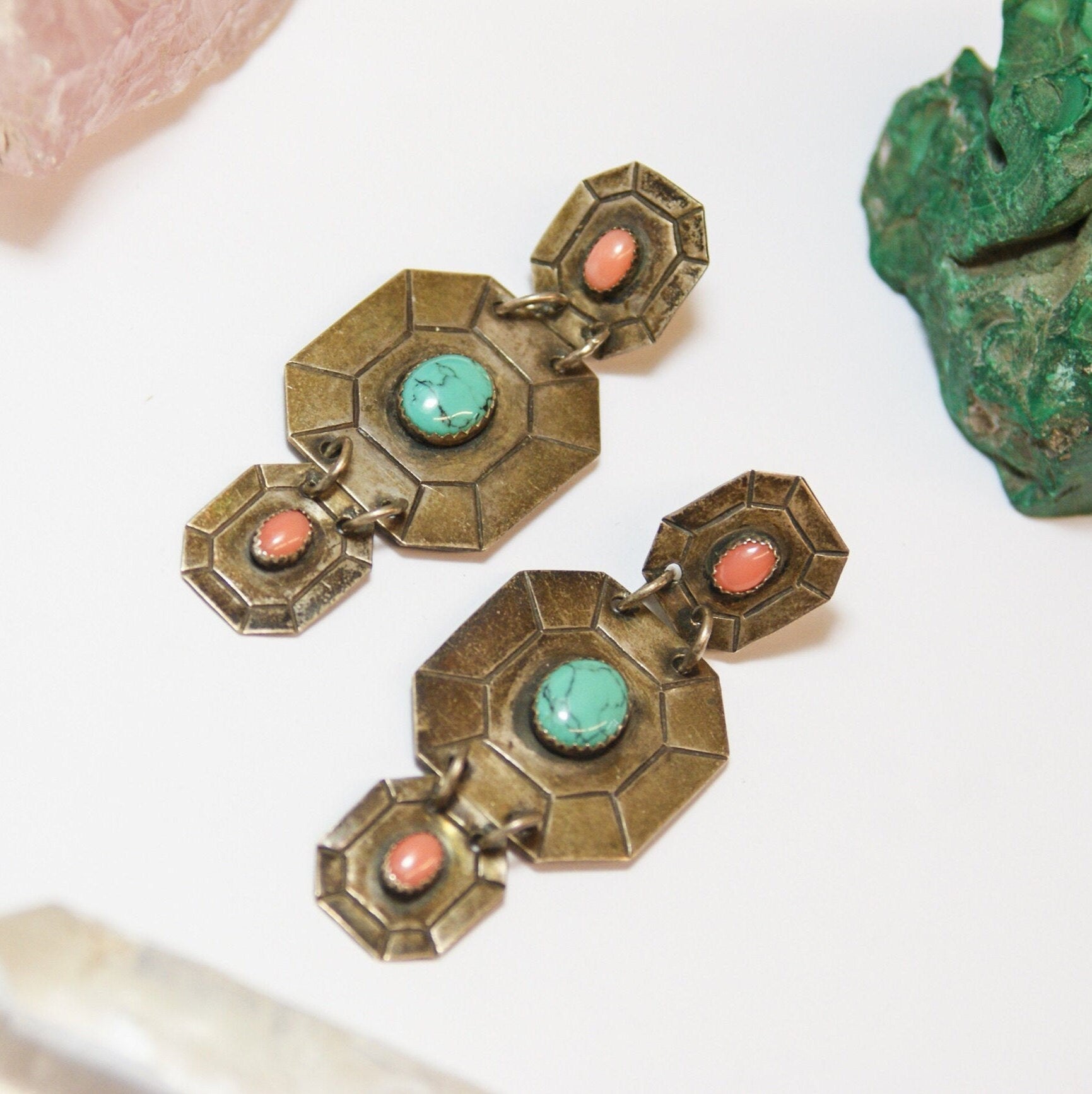 Vintage Silver Toned Tribal Stud Earrings With Turquoise, Unique Dangle Earrings With Pink and Blue Stones, Metal and Turquoise Earrings