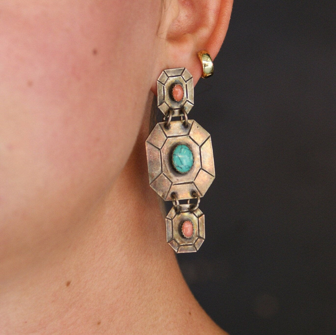 Vintage Silver Toned Tribal Stud Earrings With Turquoise, Unique Dangle Earrings With Pink and Blue Stones, Metal and Turquoise Earrings