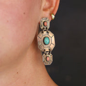 Vintage Silver Toned Tribal Stud Earrings With Turquoise, Unique Dangle Earrings With Pink and Blue Stones, Metal and Turquoise Earrings
