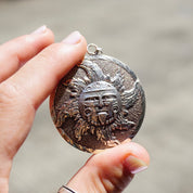 Vintage Sterling Silver Sun God Mayan Calendar Pendant, 925 Mexico Sun Medallion Pendant, Large 2-Sided Silver Pendant