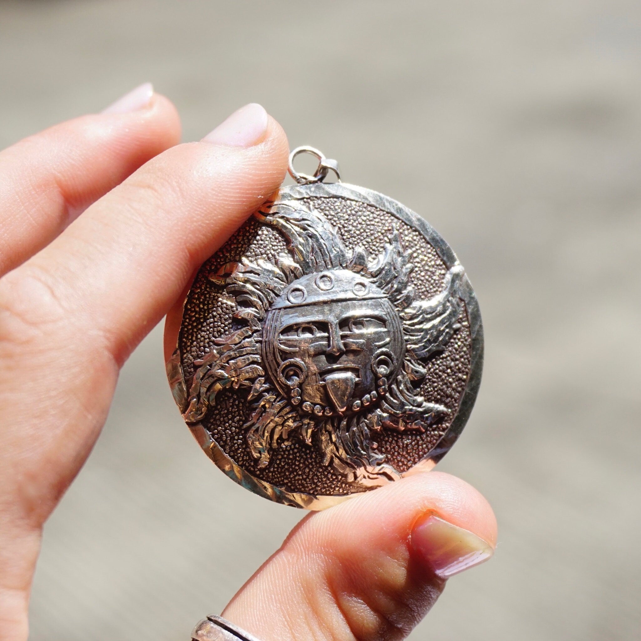 Vintage Sterling Silver Sun God Mayan Calendar Pendant, 925 Mexico Sun Medallion Pendant, Large 2-Sided Silver Pendant