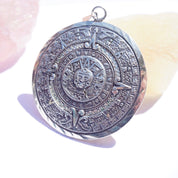 Vintage Sterling Silver Sun God Mayan Calendar Pendant, 925 Mexico Sun Medallion Pendant, Large 2-Sided Silver Pendant