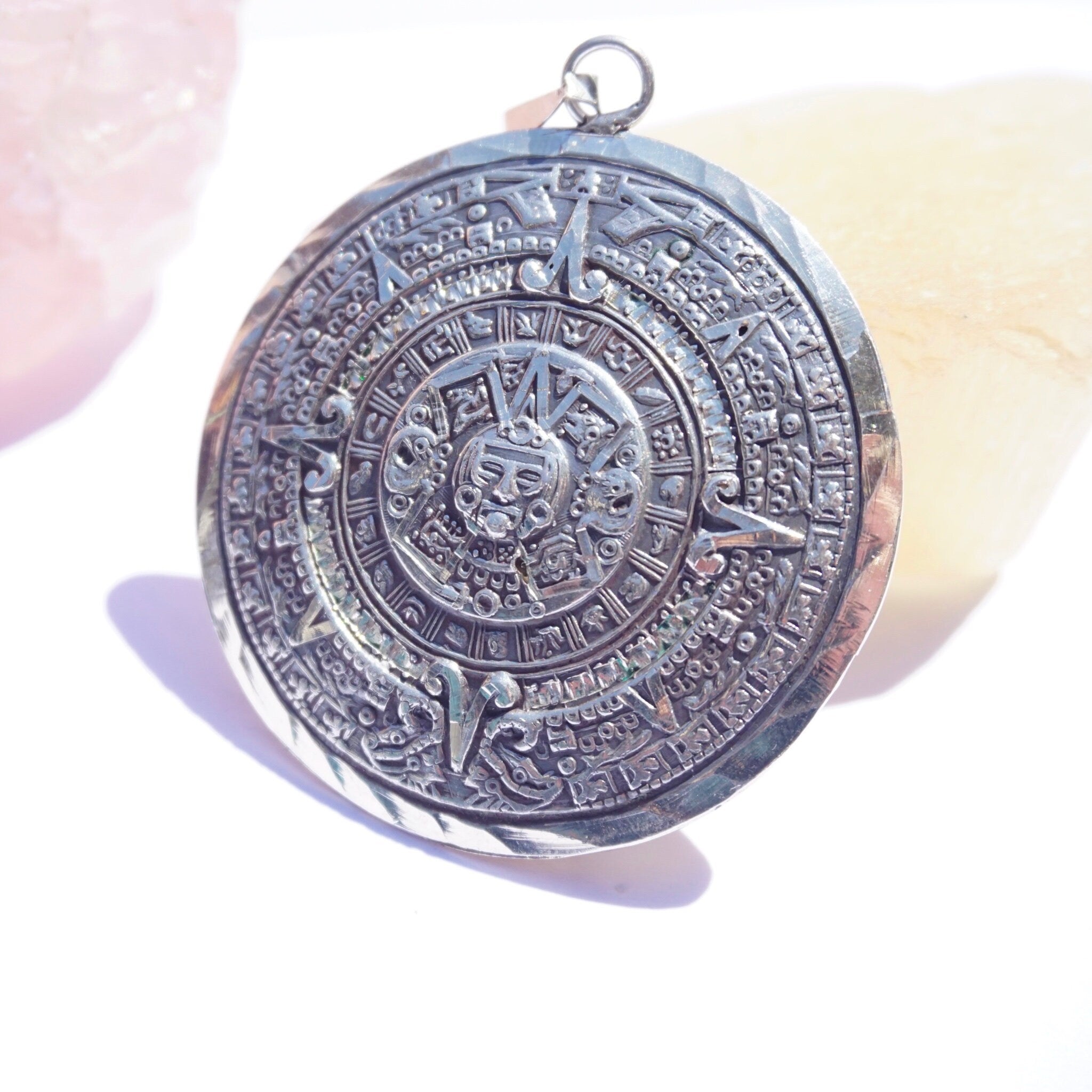 Vintage Sterling Silver Sun God Mayan Calendar Pendant, 925 Mexico Sun Medallion Pendant, Large 2-Sided Silver Pendant