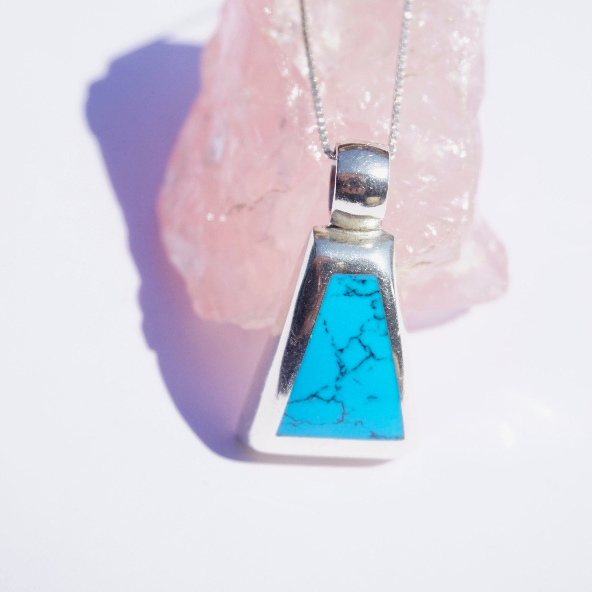 Vintage Sterling Silver Necklace With Turquoise Pendant, MEX925 Pendant Necklace, Marbled Blue Pendant, Abstract Silver Necklace