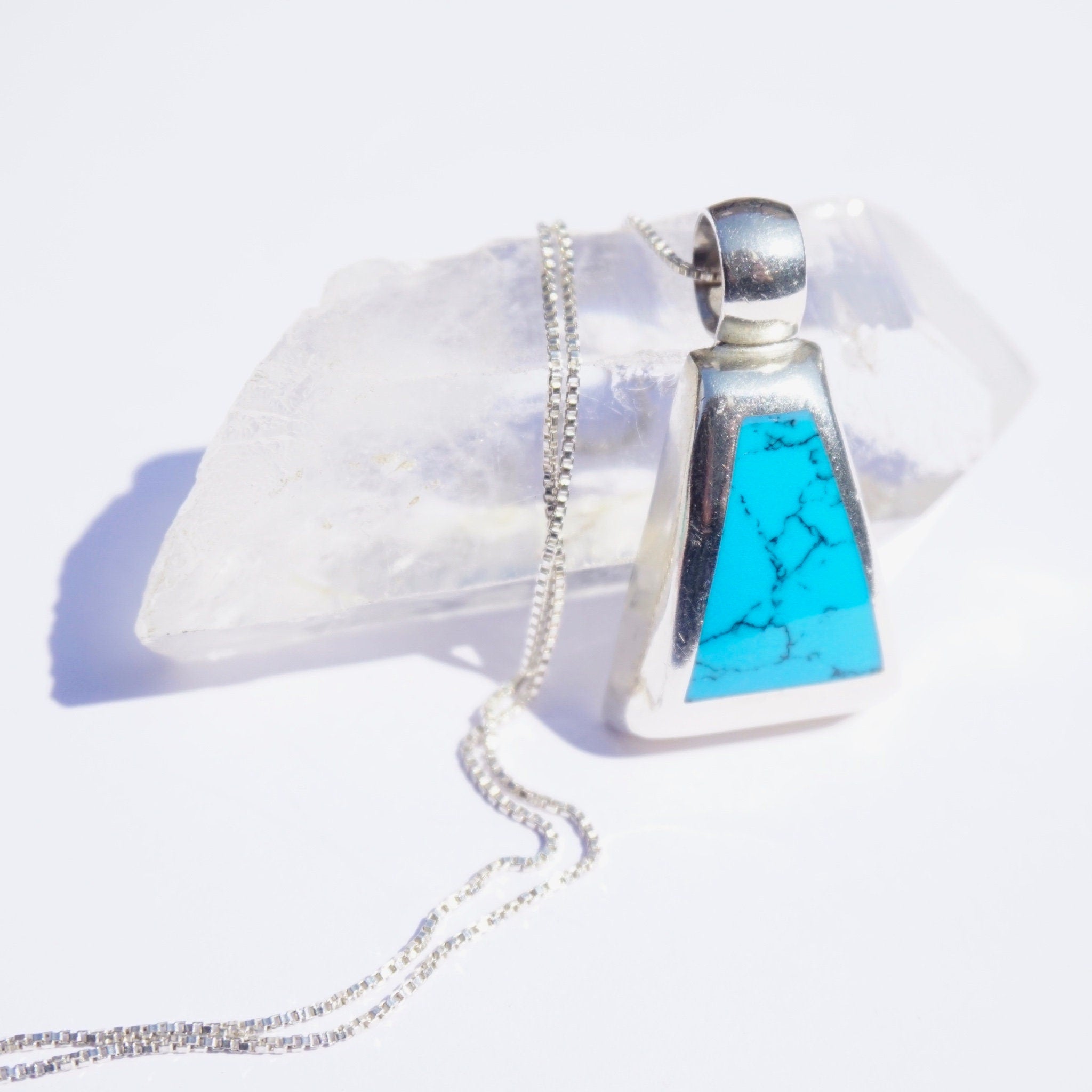 Vintage Sterling Silver Necklace With Turquoise Pendant, MEX925 Pendant Necklace, Marbled Blue Pendant, Abstract Silver Necklace