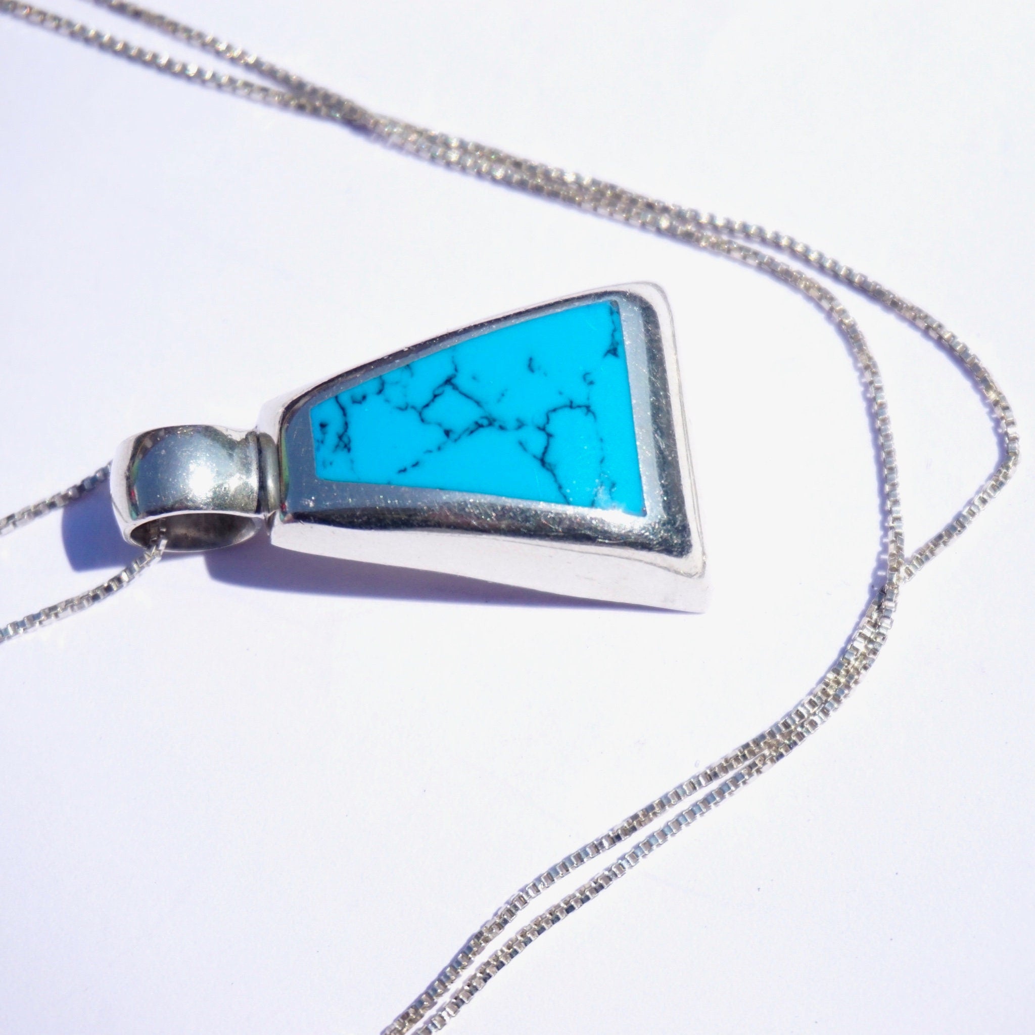 Vintage Sterling Silver Necklace With Turquoise Pendant, MEX925 Pendant Necklace, Marbled Blue Pendant, Abstract Silver Necklace
