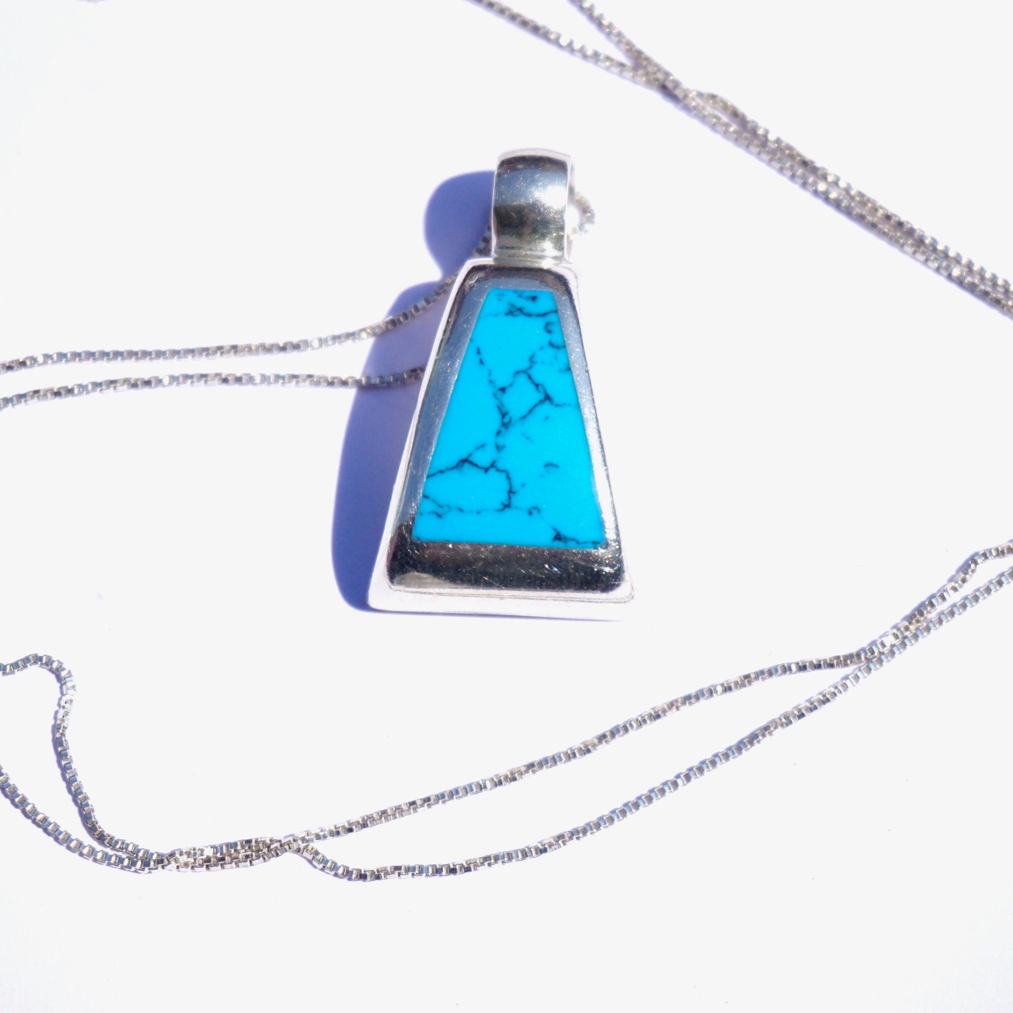 Vintage Sterling Silver Necklace With Turquoise Pendant, MEX925 Pendant Necklace, Marbled Blue Pendant, Abstract Silver Necklace