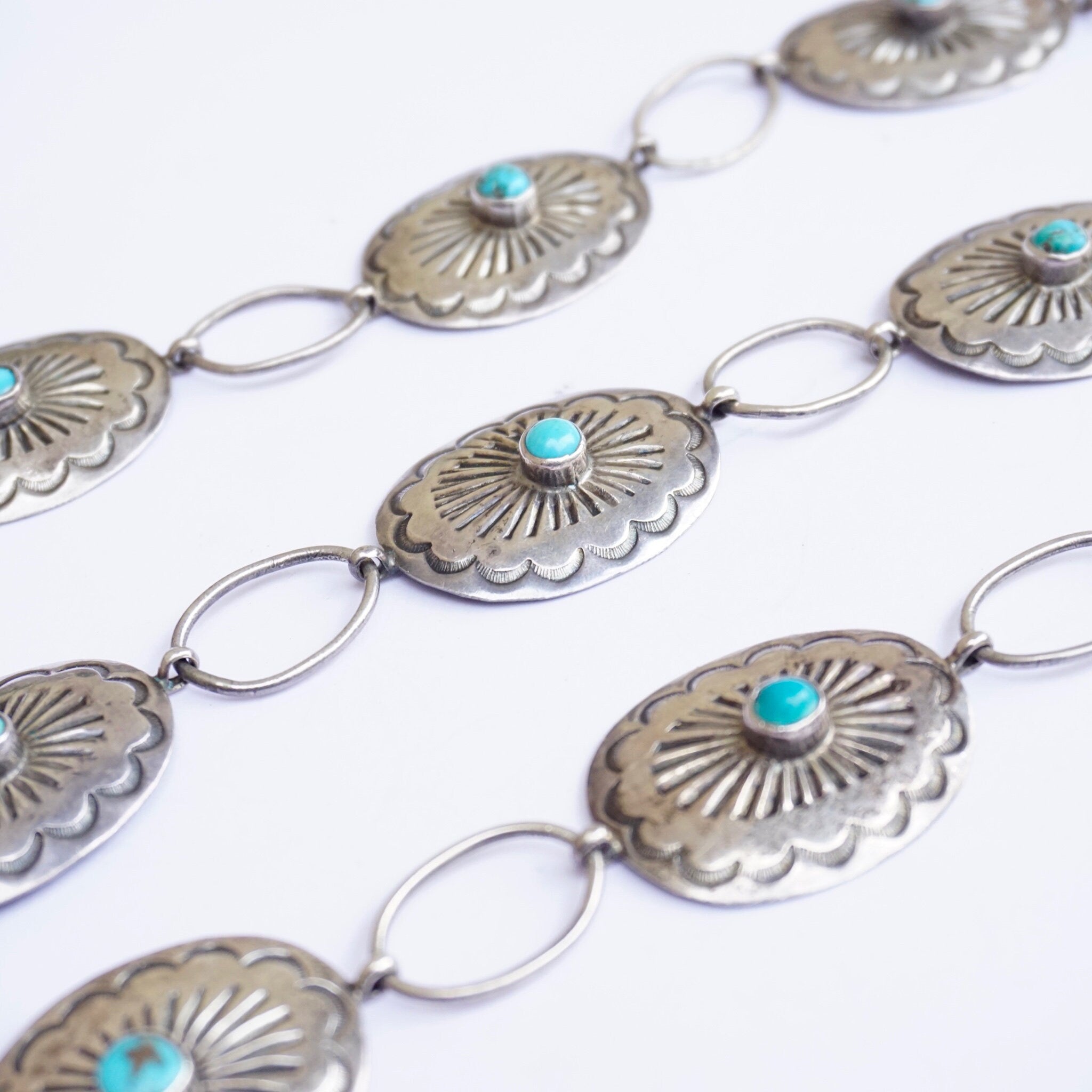 Vintage Native American Sterling Silver Turquoise Concho Belt, Adjustable Silver Belt With Accent Turquoise Stones, Old Pawn Jewelry