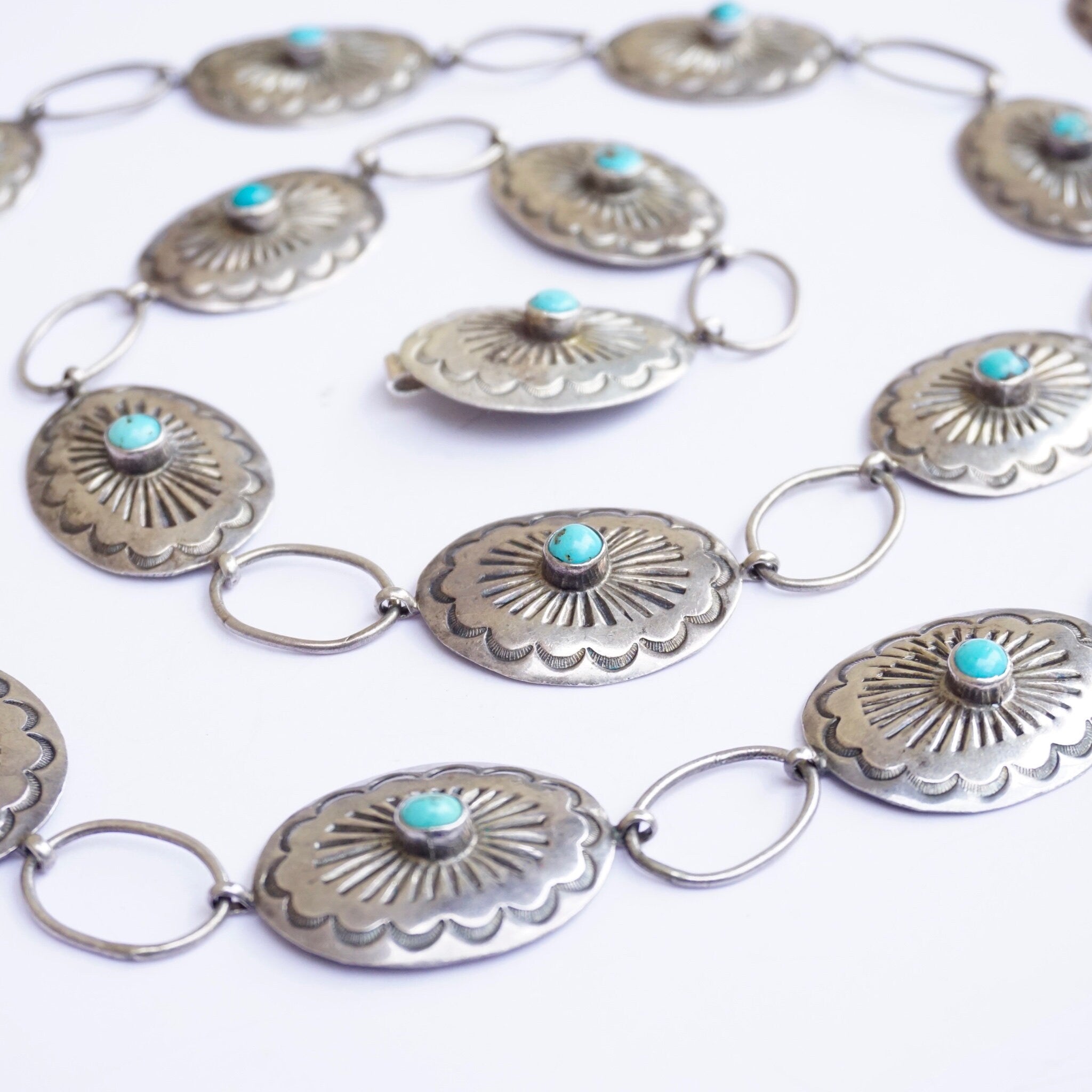 Vintage Native American Sterling Silver Turquoise Concho Belt, Adjustable Silver Belt With Accent Turquoise Stones, Old Pawn Jewelry