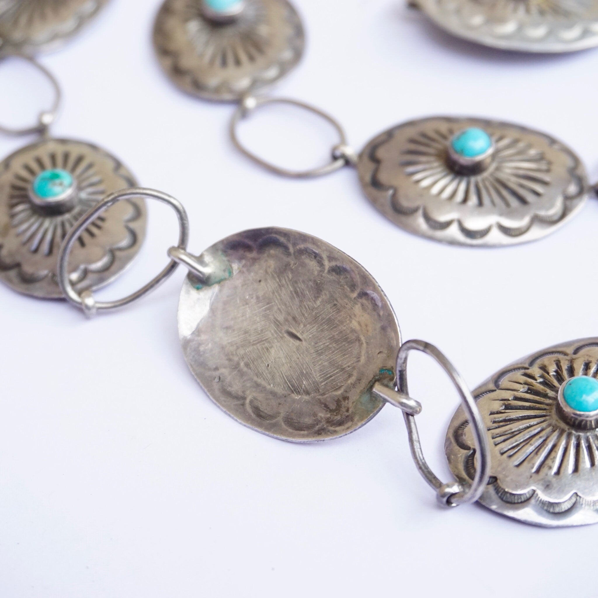 Vintage Native American Sterling Silver Turquoise Concho Belt, Adjustable Silver Belt With Accent Turquoise Stones, Old Pawn Jewelry