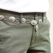 Vintage Native American Sterling Silver Turquoise Concho Belt, Adjustable Silver Belt With Accent Turquoise Stones, Old Pawn Jewelry