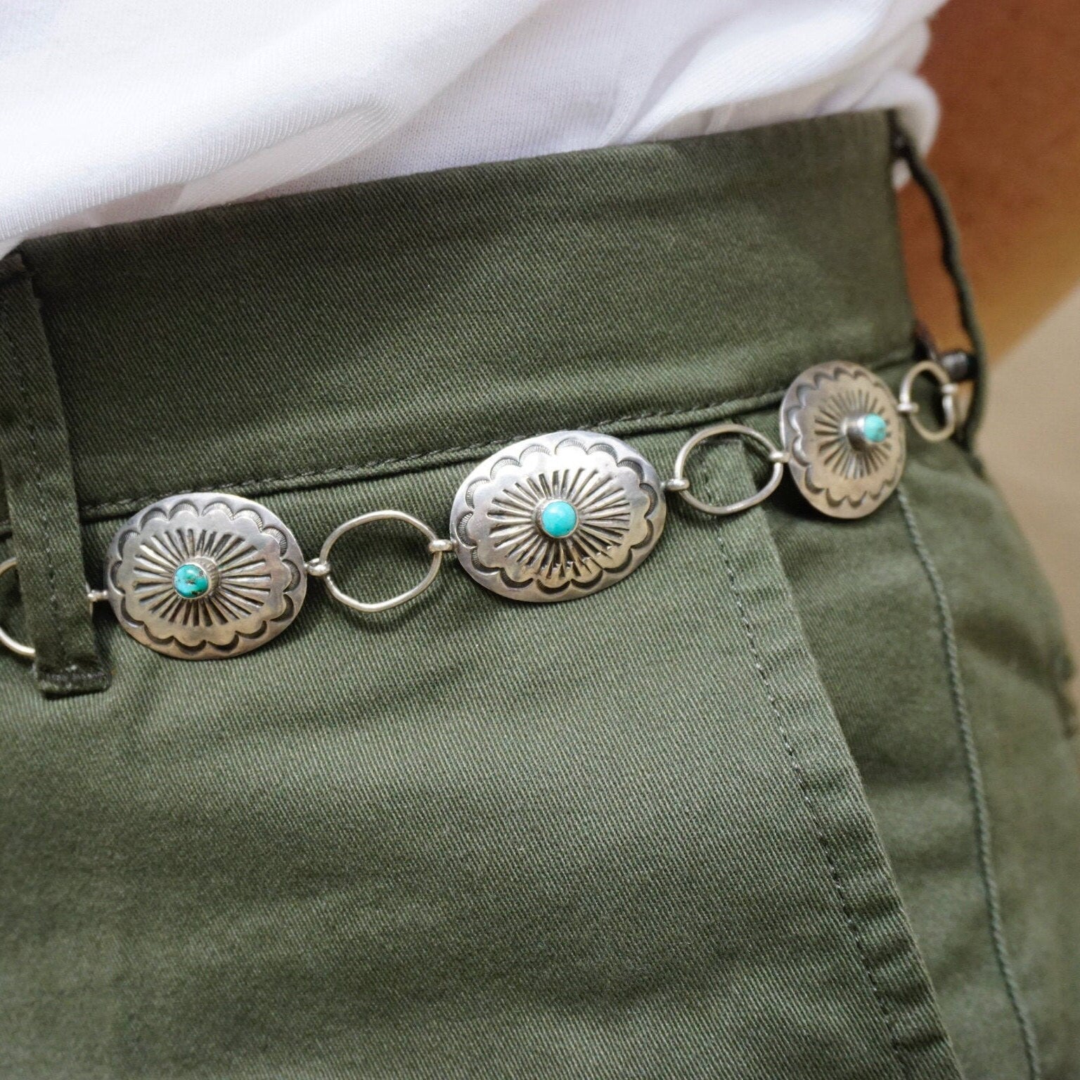 Vintage Native American Sterling Silver Turquoise Concho Belt, Adjustable Silver Belt With Accent Turquoise Stones, Old Pawn Jewelry
