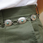 Vintage Native American Sterling Silver Turquoise Concho Belt, Adjustable Silver Belt With Accent Turquoise Stones, Old Pawn Jewelry
