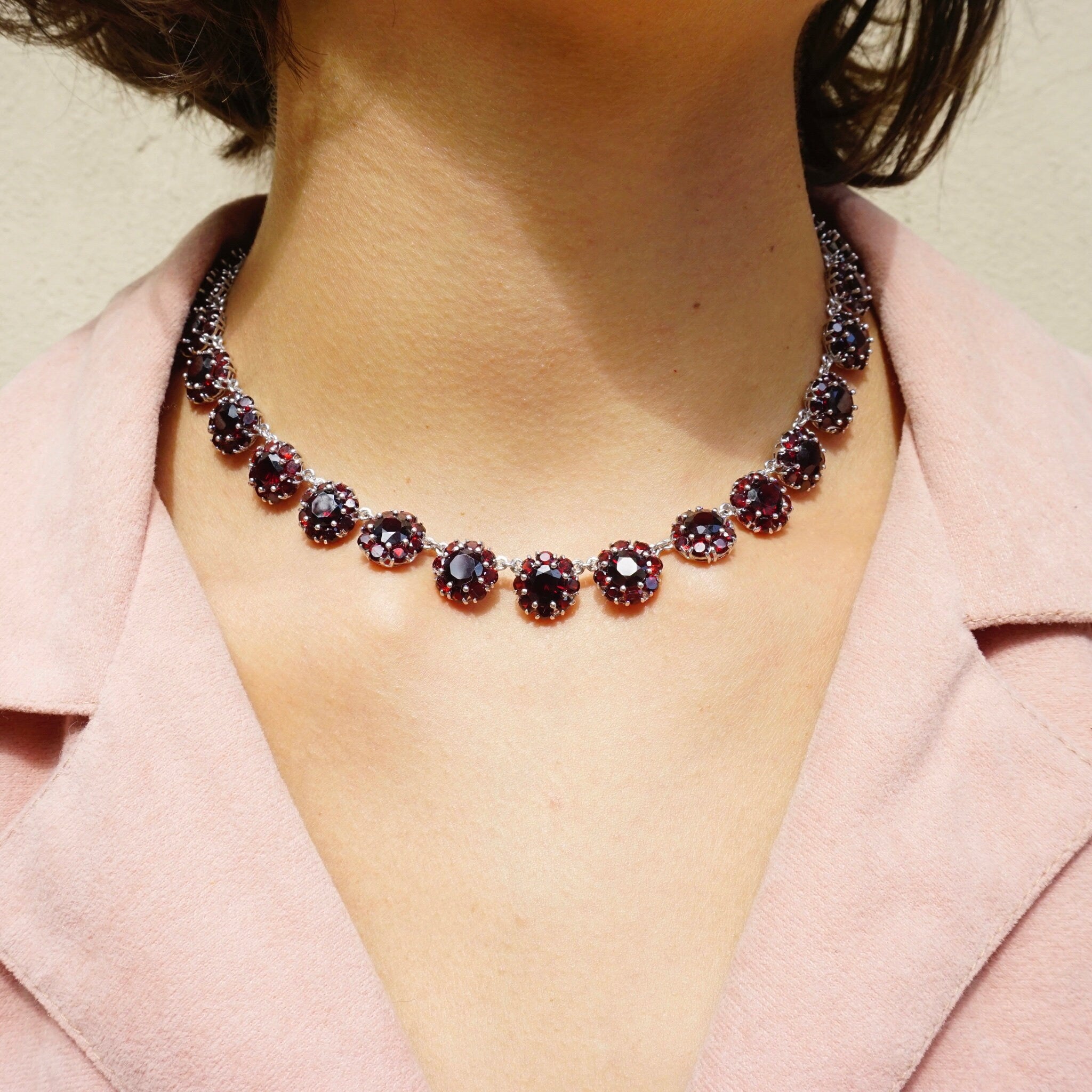 Vintage Sterling Silver Garnet Glass Stone Choker Necklace, Beautiful Red Stone Silver Collar, Beaded Choker Necklace, Garnet Stone Choker