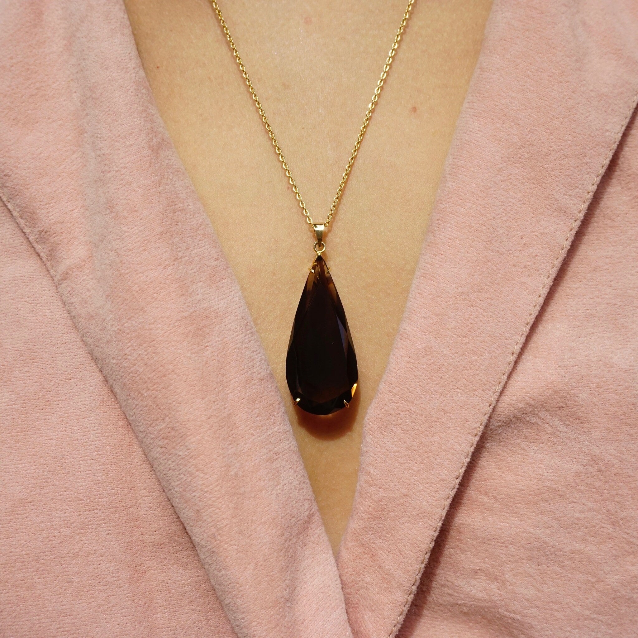 Vintage Smoky Quartz Gold Toned Necklace, Beautiful Tear Drop Smoky Quartz Glass Pendant, Gold Toned Costume Jewelry,