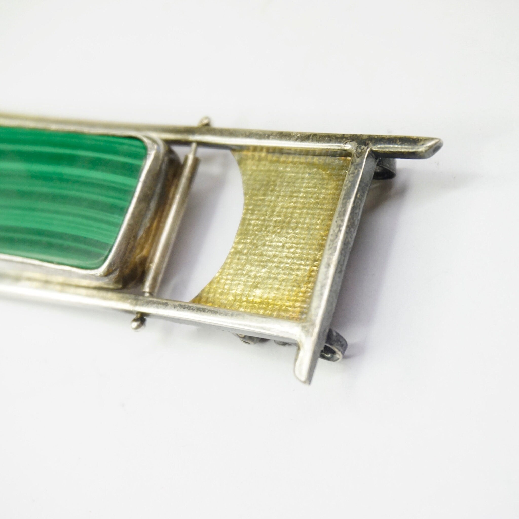 Vintage 18K Gold and Sterling Pendant With Malachite and Black Onyx, Abstract Pin With Moveable Details, Unique Gold and Silver Brooch