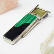 Vintage 18K Gold and Sterling Pendant With Malachite and Black Onyx, Abstract Pin With Moveable Details, Unique Gold and Silver Brooch