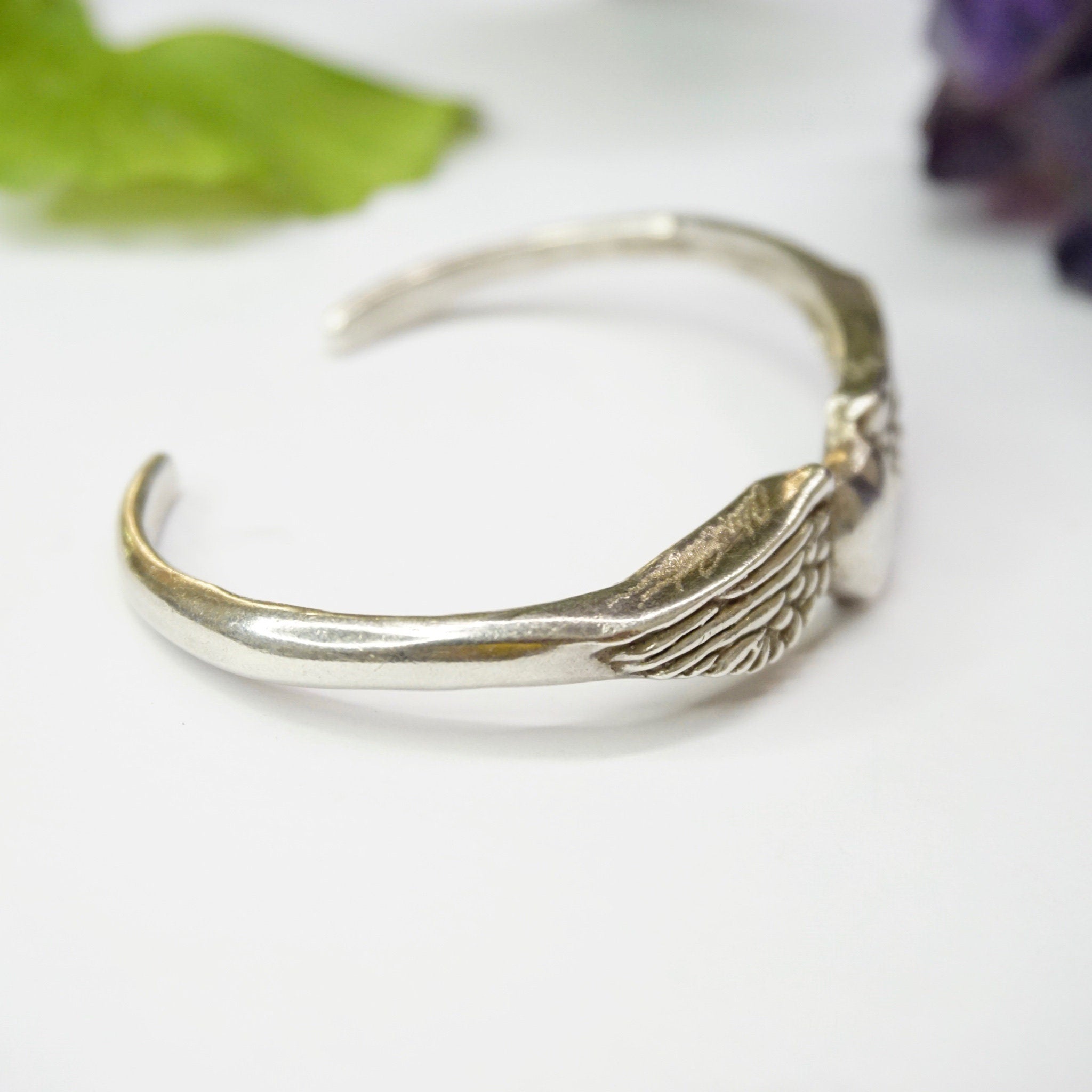 Vintage Sterling Silver Winged Heart Bracelet Cuff, Handmade Sufi Heart Silver Bracelet, Minimalist Silver Cuff With a Heart and Angel Wings
