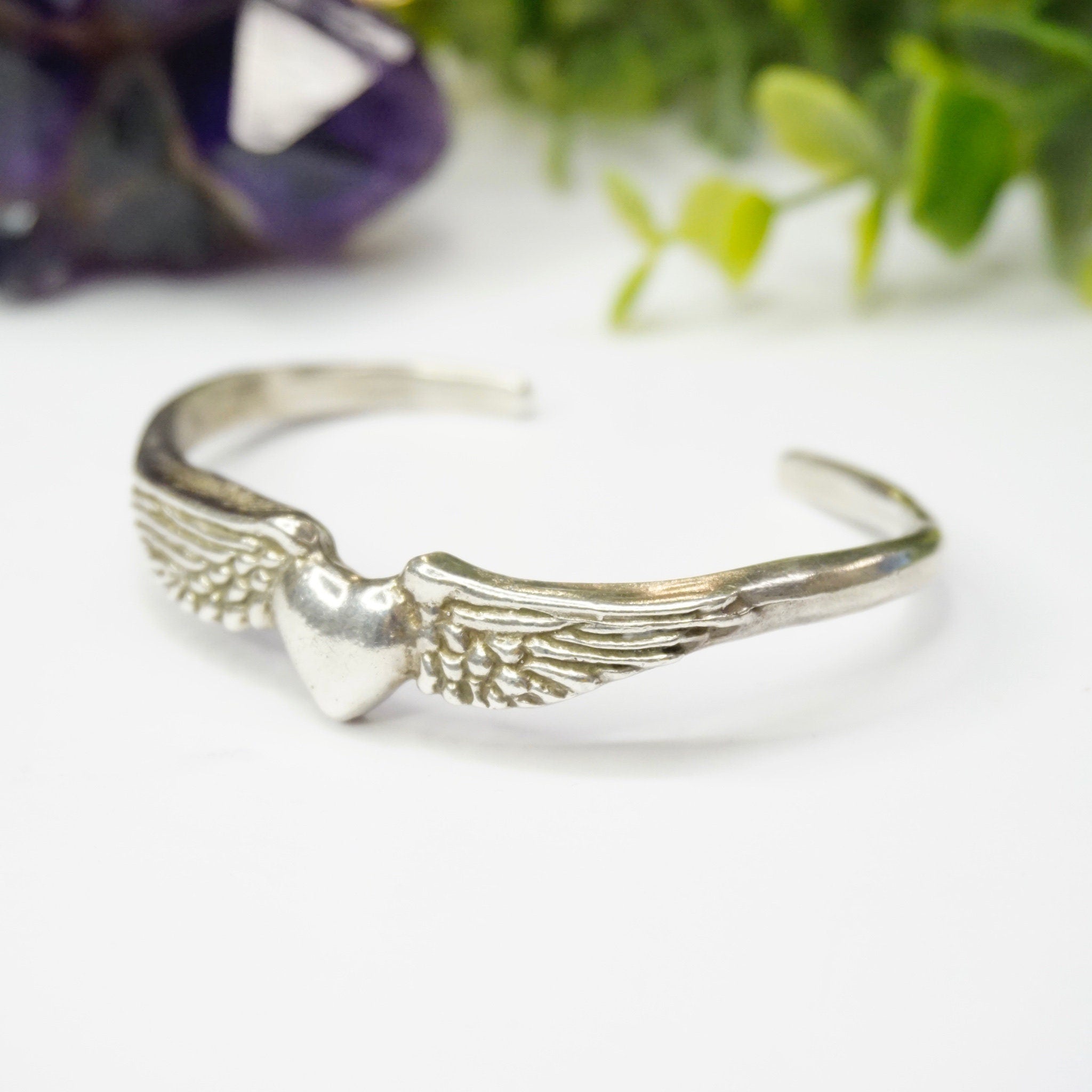 Vintage Sterling Silver Winged Heart Bracelet Cuff, Handmade Sufi Heart Silver Bracelet, Minimalist Silver Cuff With a Heart and Angel Wings