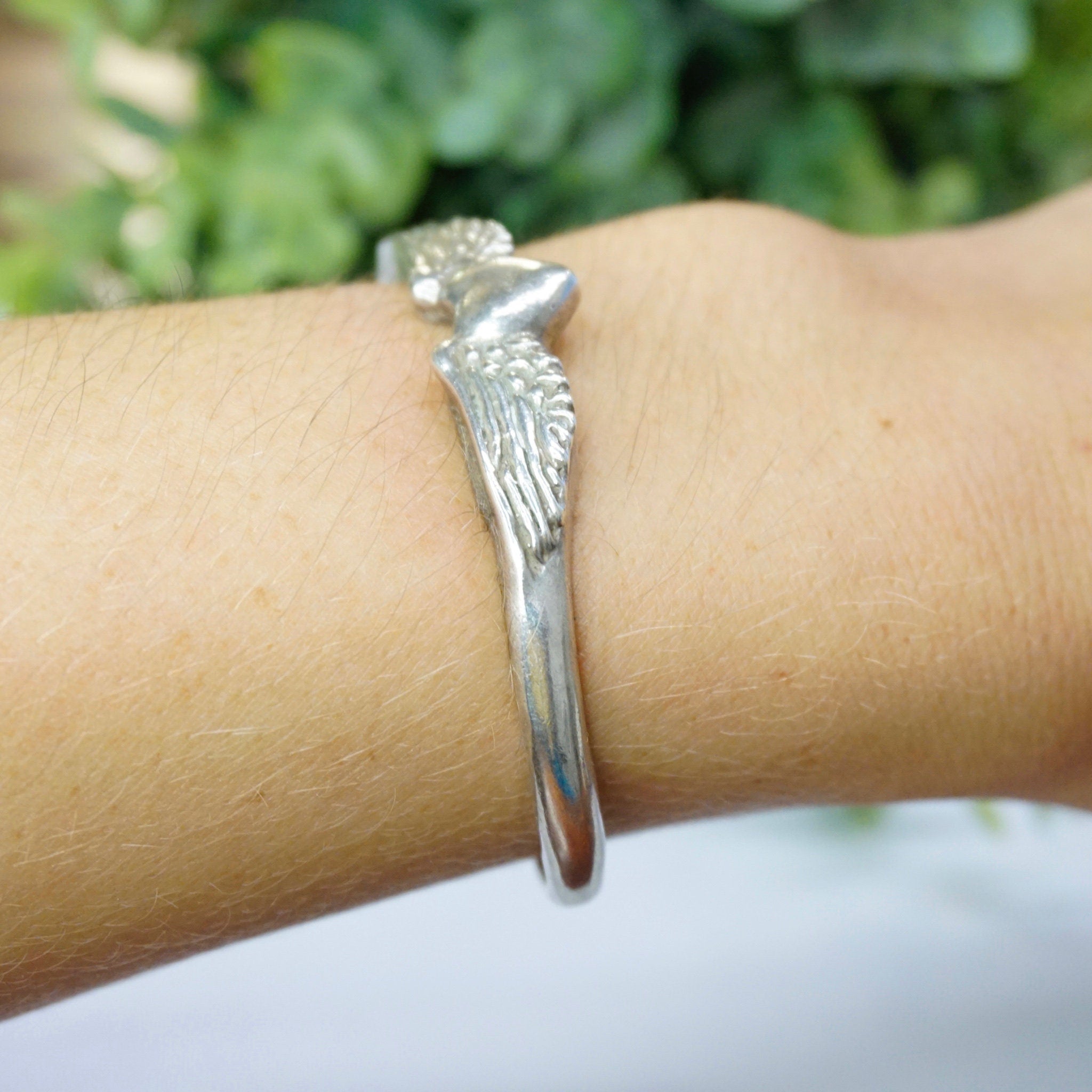 Vintage Sterling Silver Winged Heart Bracelet Cuff, Handmade Sufi Heart Silver Bracelet, Minimalist Silver Cuff With a Heart and Angel Wings
