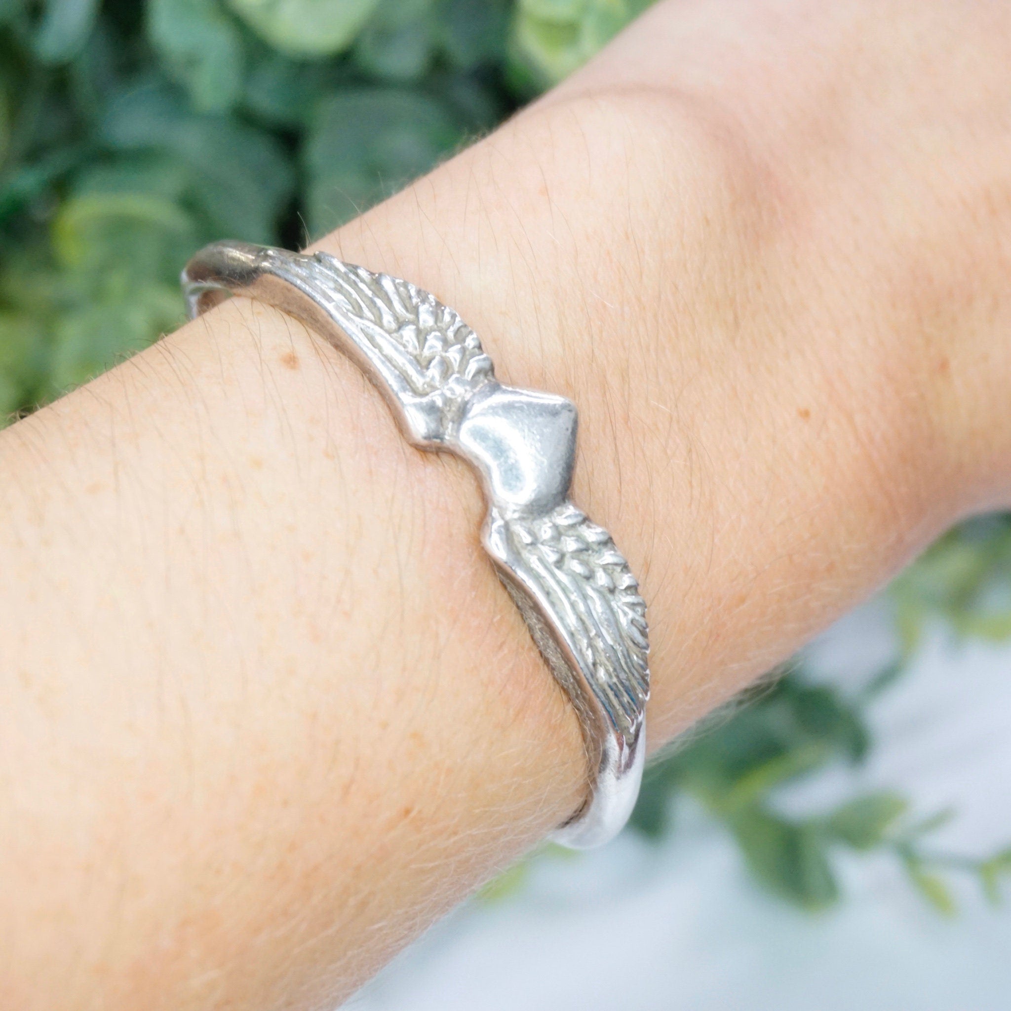 Vintage Sterling Silver Winged Heart Bracelet Cuff, Handmade Sufi Heart Silver Bracelet, Minimalist Silver Cuff With a Heart and Angel Wings