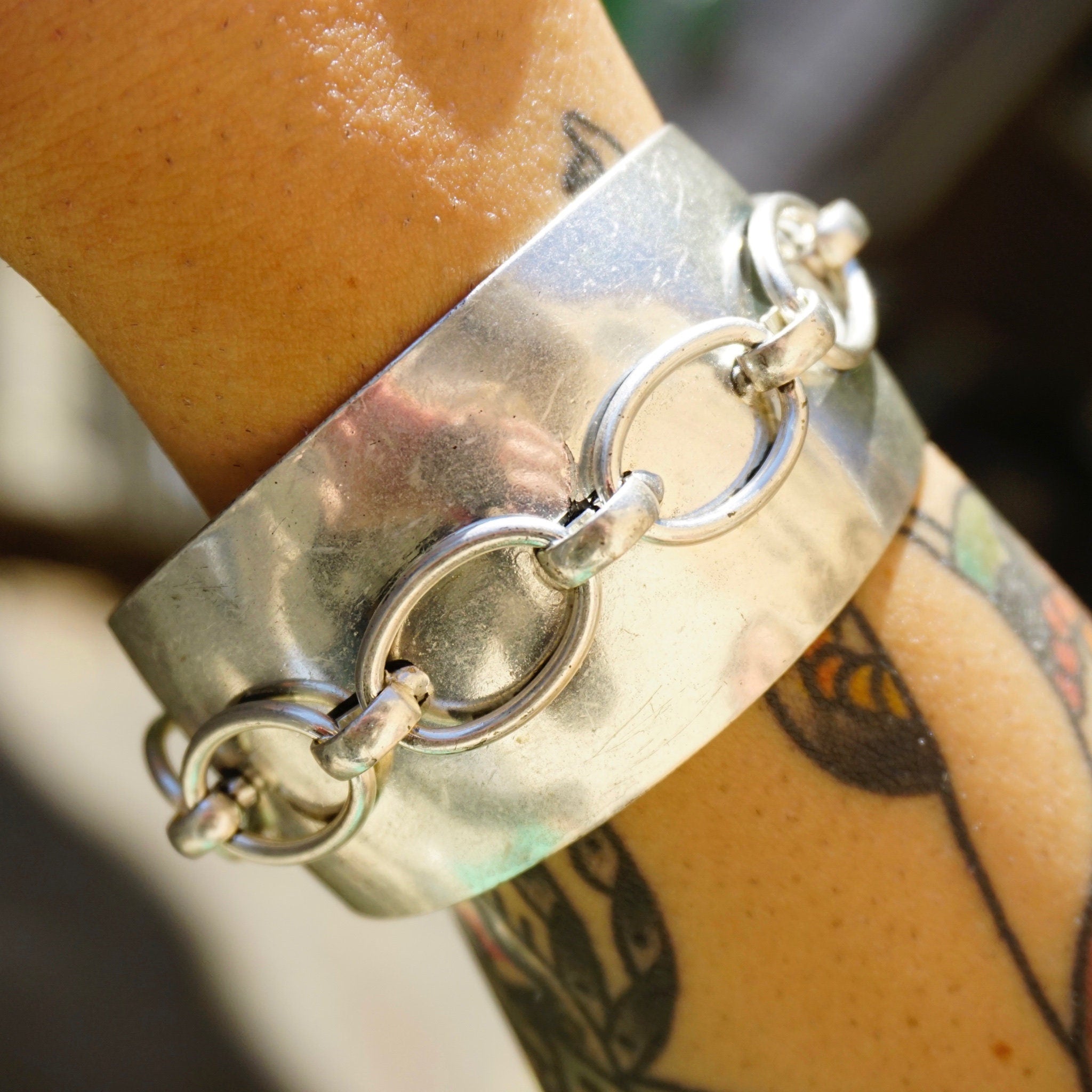 Vintage Silver Cuff With Top Link Chain Design, Solid Sterling Bracelet with Raised Silver Chain, Unique Silver Cuff With Chain, 925 Jewelry