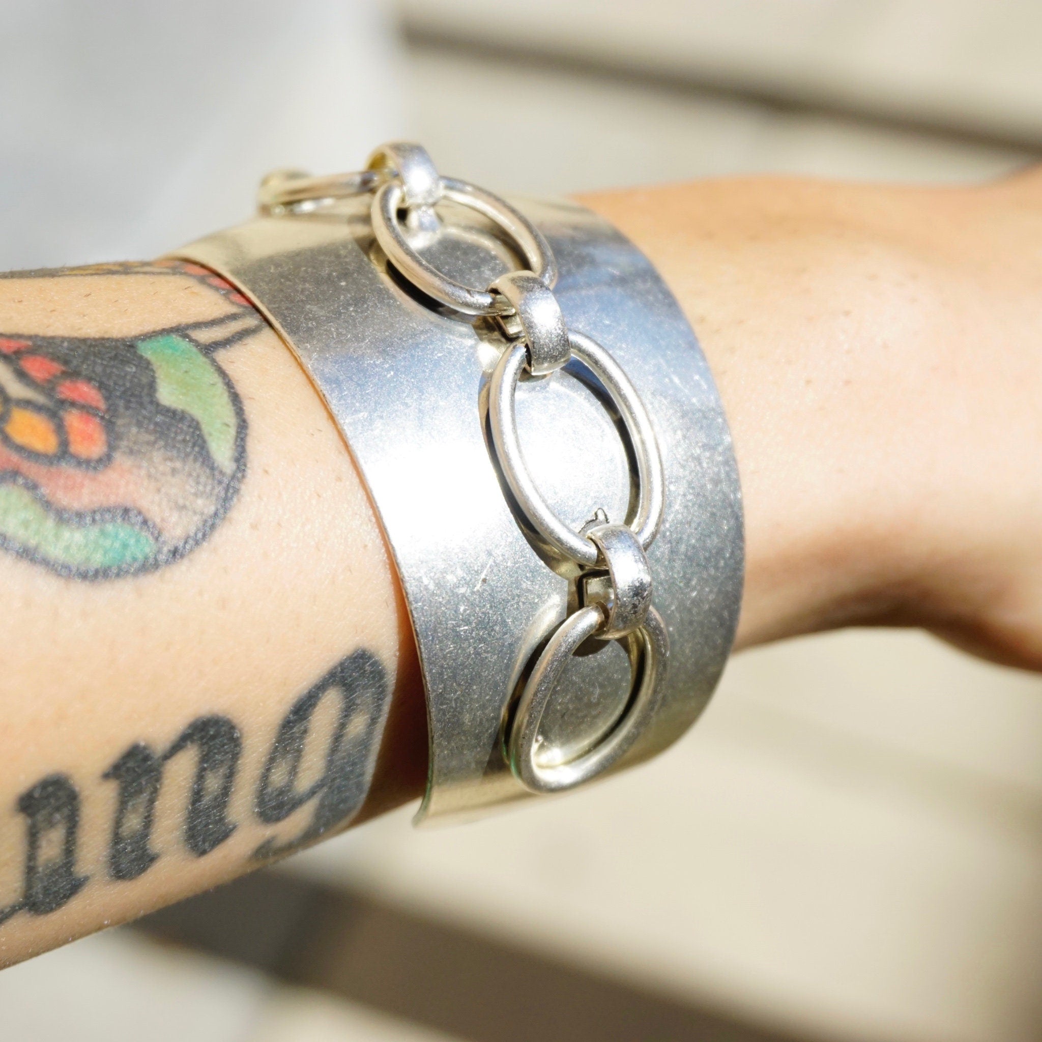Vintage Silver Cuff With Top Link Chain Design, Solid Sterling Bracelet with Raised Silver Chain, Unique Silver Cuff With Chain, 925 Jewelry
