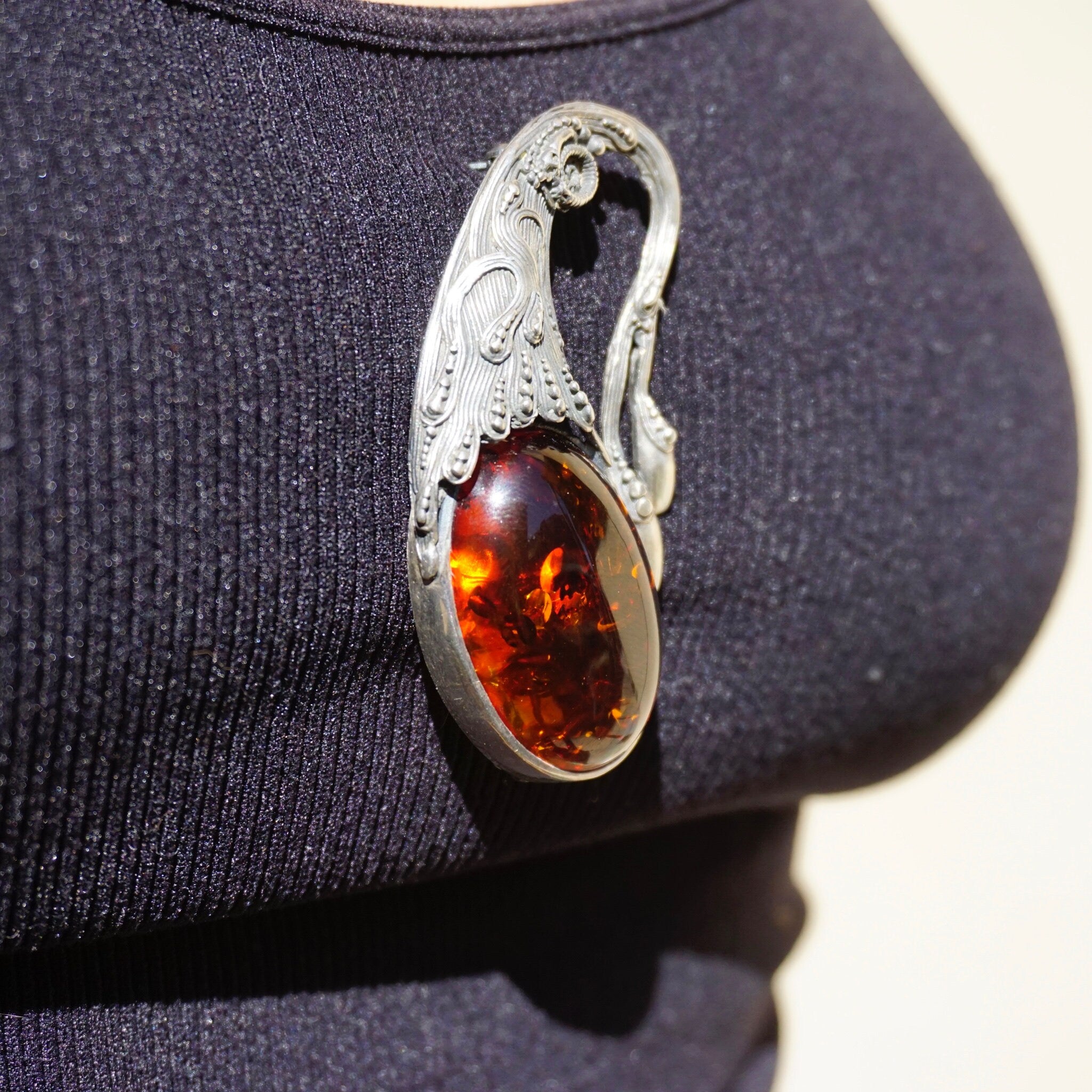 Vintage Sterling Silver Amber Brooch, Amber Brooch With Beautiful Inclusions and A Unique Silver Setting, Art Nouveau Silver Brooch